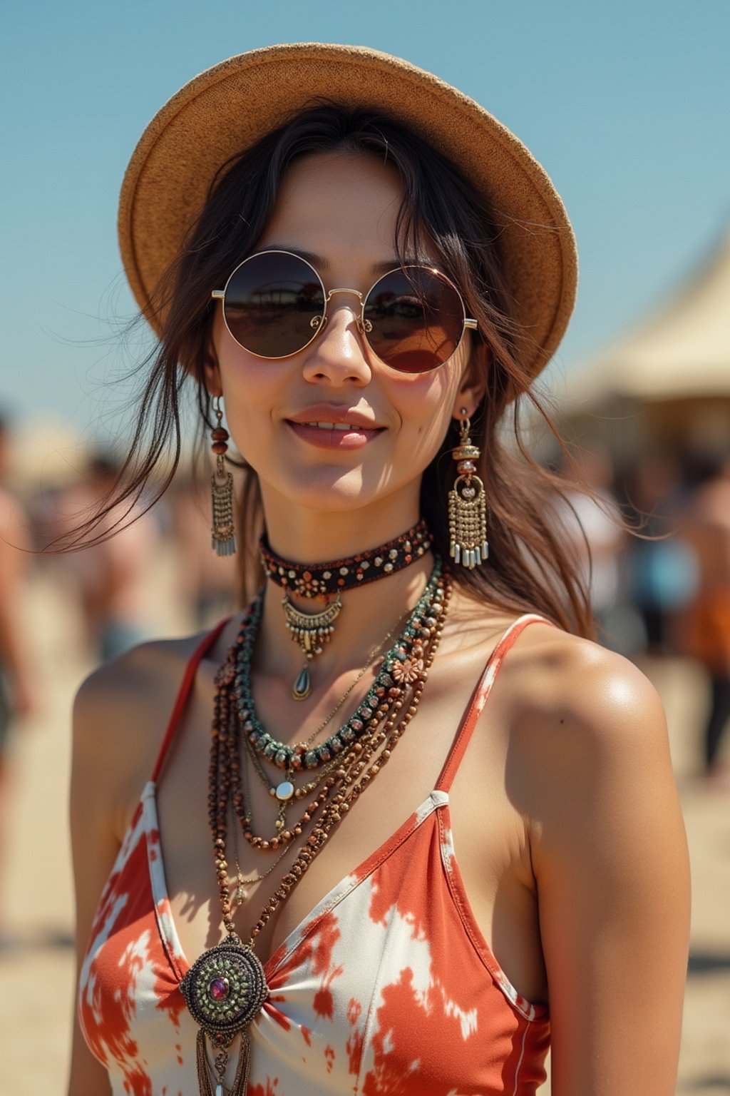 a stunning woman in a tie-dye jumpsuit and statement accessories , capturing their eclectic and fashionable festival look