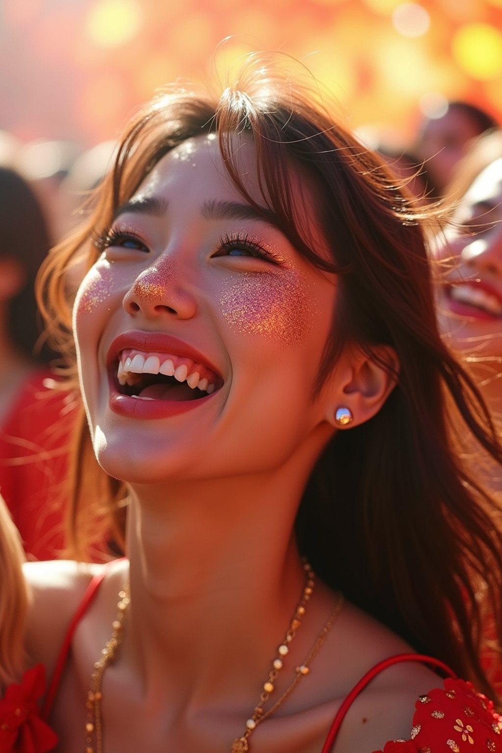 a woman enjoying a live performance on a sunny day, with glitter on their face , radiating the joy and excitement of the festival