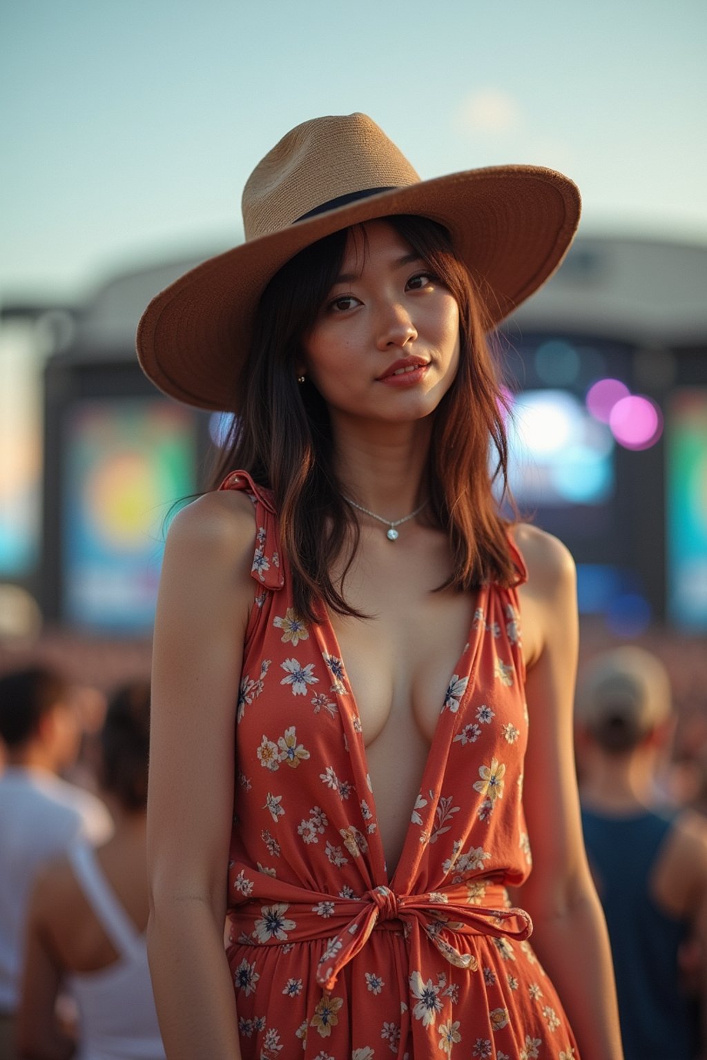 a woman in a bohemian jumpsuit and a wide-brimmed hat , striking a pose in front of a stage backdrop, capturing the excitement of a music festival