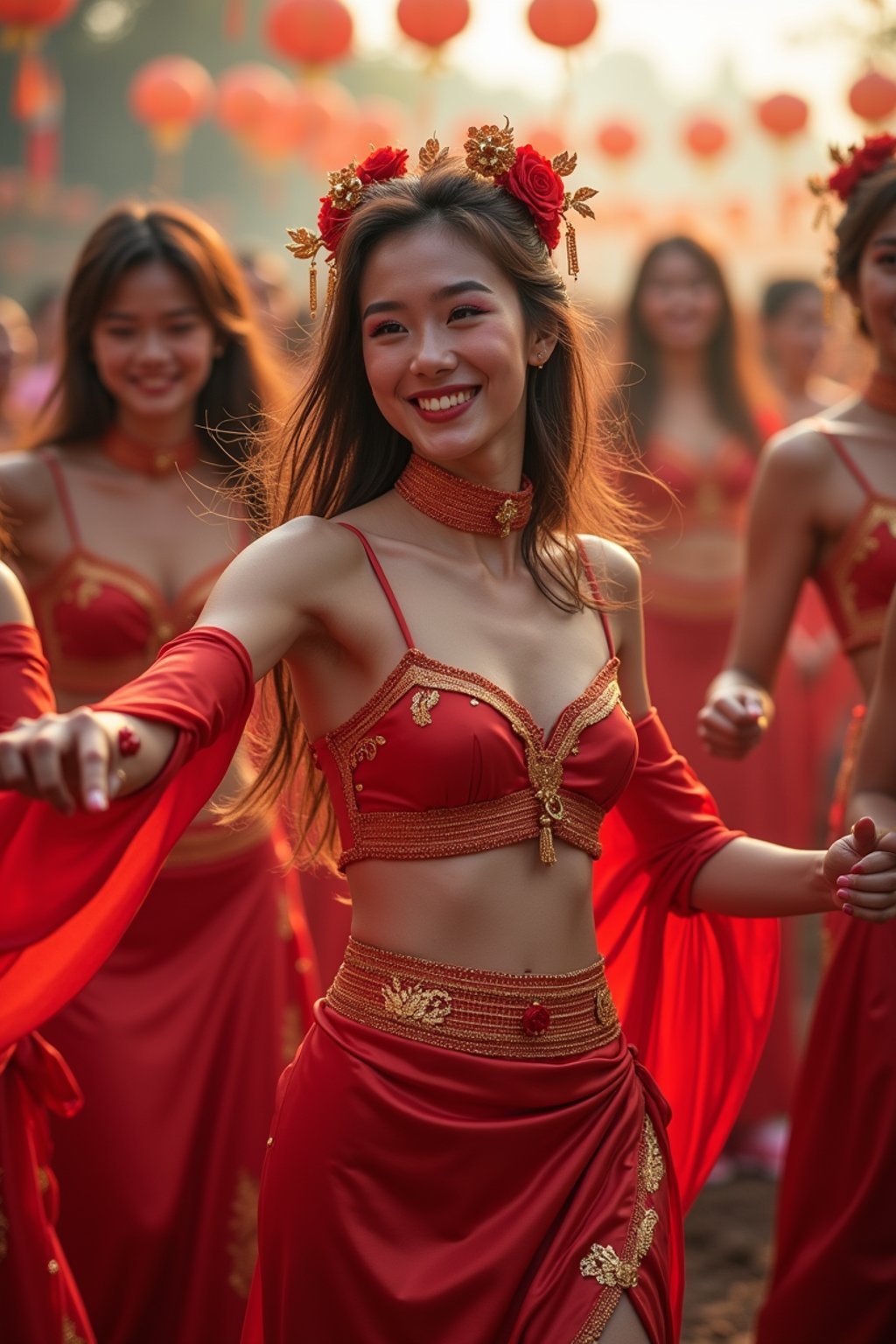 a woman in a festival-inspired outfit, dancing with a group of friends , capturing the energetic and lively atmosphere