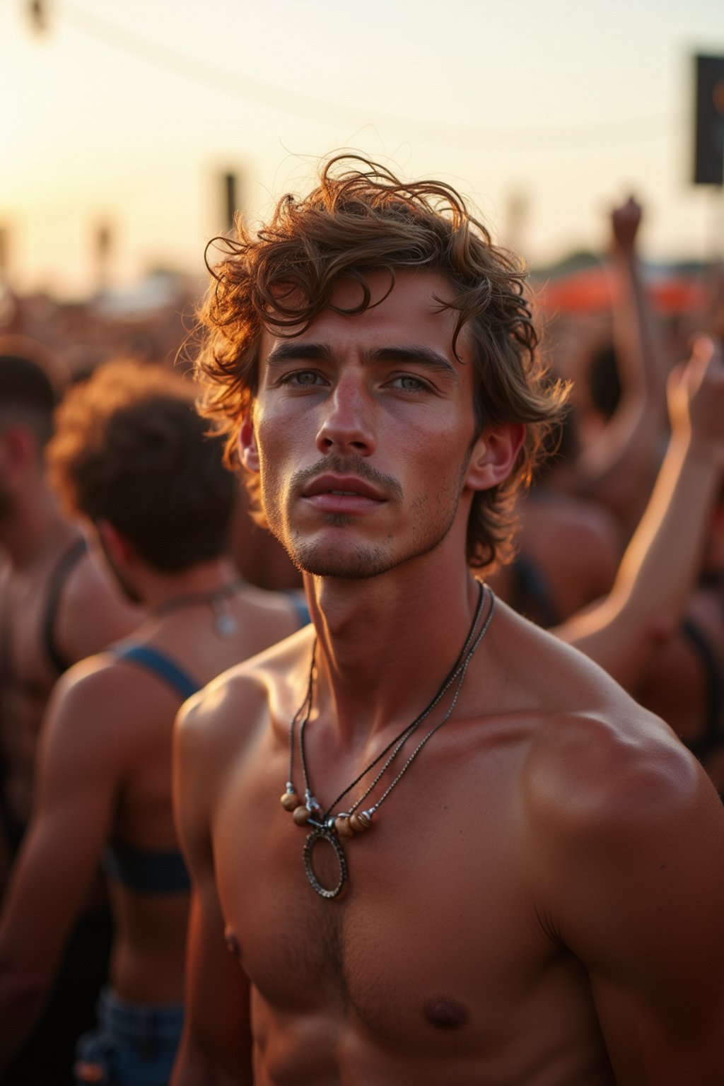 a stunning man surrounded by  a crowd of fellow festival-goers, capturing the sense of community and celebration at the festival