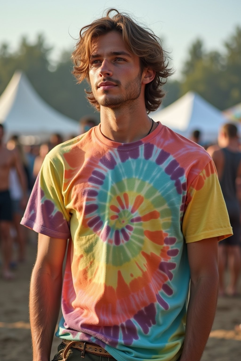 a man in  a tie-dye t-shirt and cargo shorts, embodying the DIY and personalization culture of music festivals