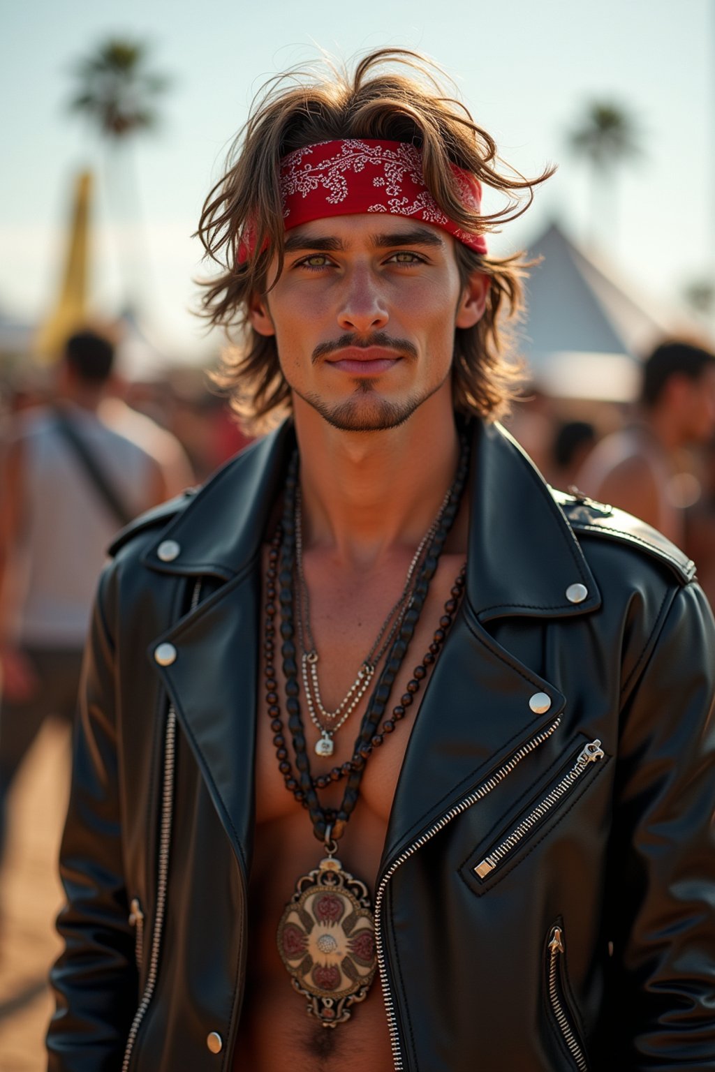 a stunning man in  a leather jacket and bandana, embodying the fusion of bohemian and rock n roll styles at the festival