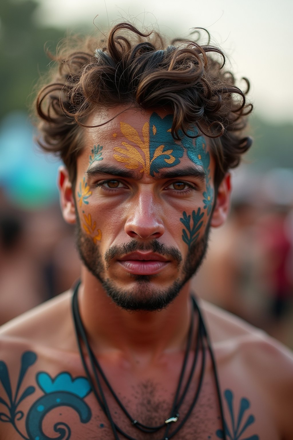 a man with  bold face and body art, capturing the artistic and expressive side of the music festival experience