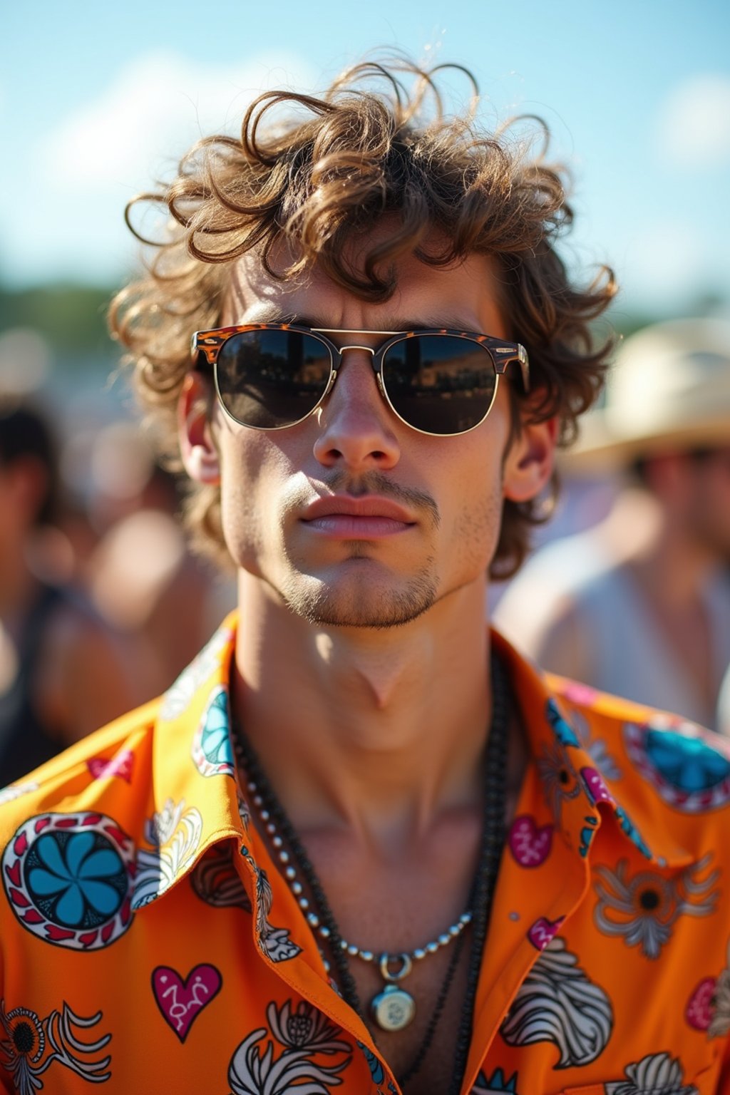 a stunning man in  a vibrant button-up shirt and funky sunglasses, capturing their eclectic and fashionable festival look