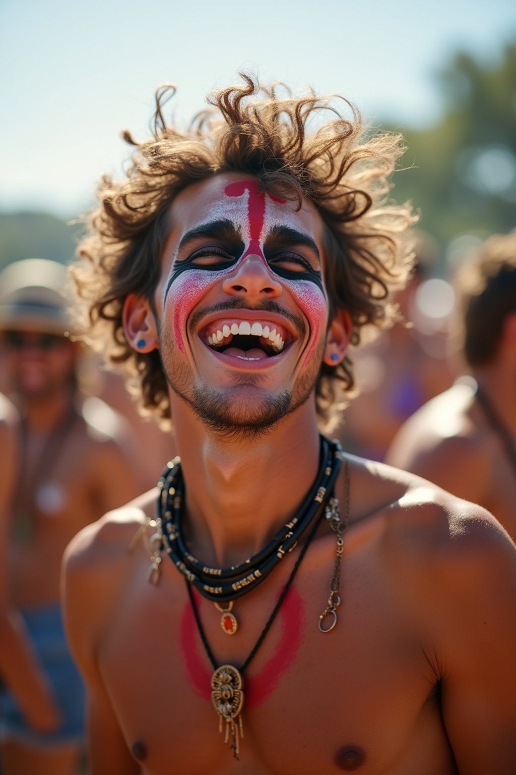 a man enjoying a live performance on a sunny day, with  a bold face paint design, radiating the joy and excitement of the festival