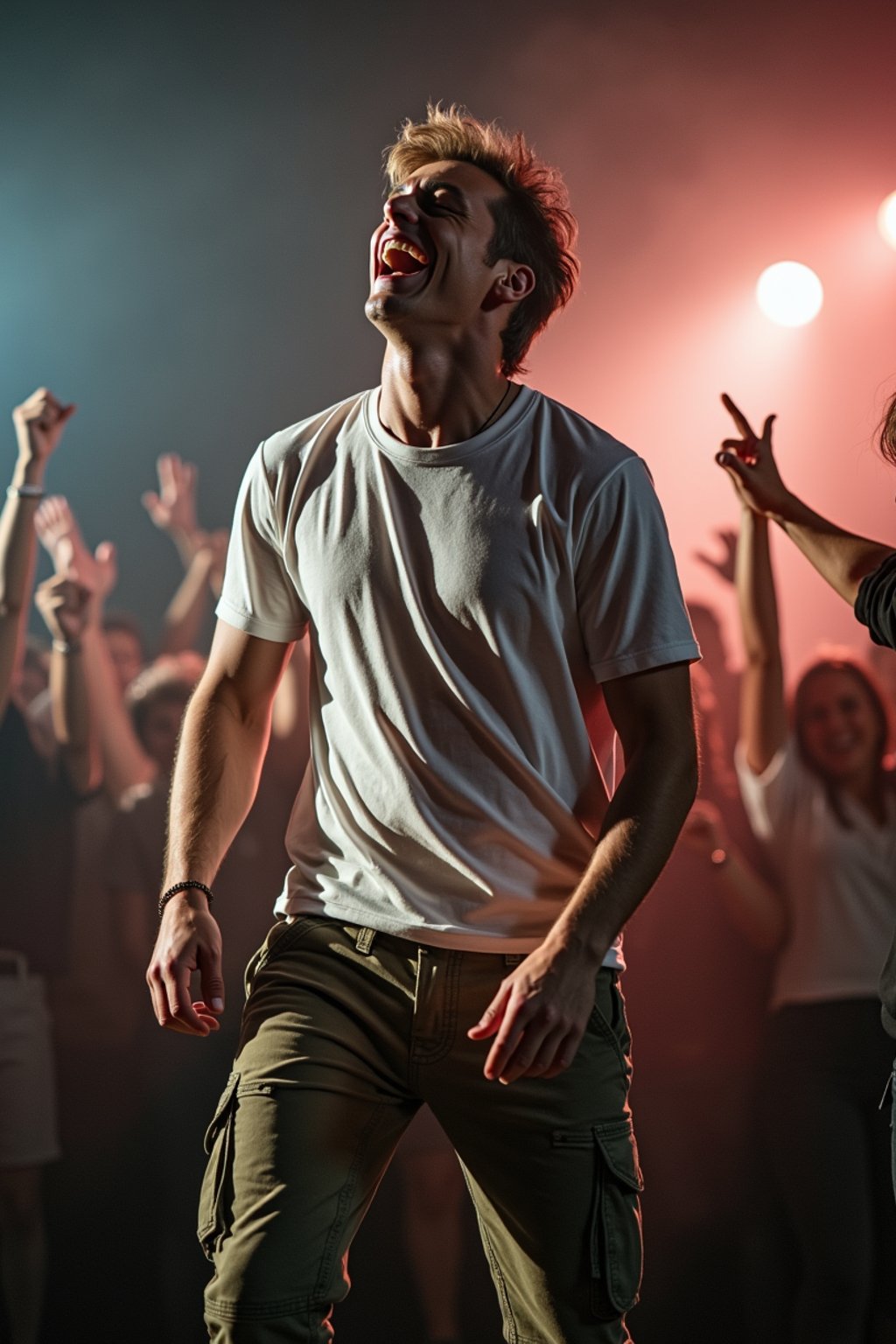 a man in  a t-shirt and cargo pants, capturing their infectious energy and enthusiasm for the music