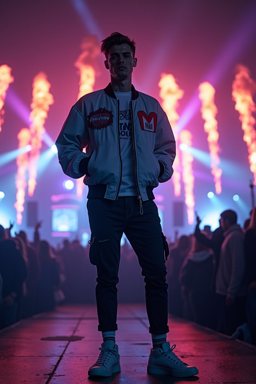 a man in  a cool bomber jacket and sneakers, striking a pose in front of a stage backdrop, capturing the excitement of a music festival