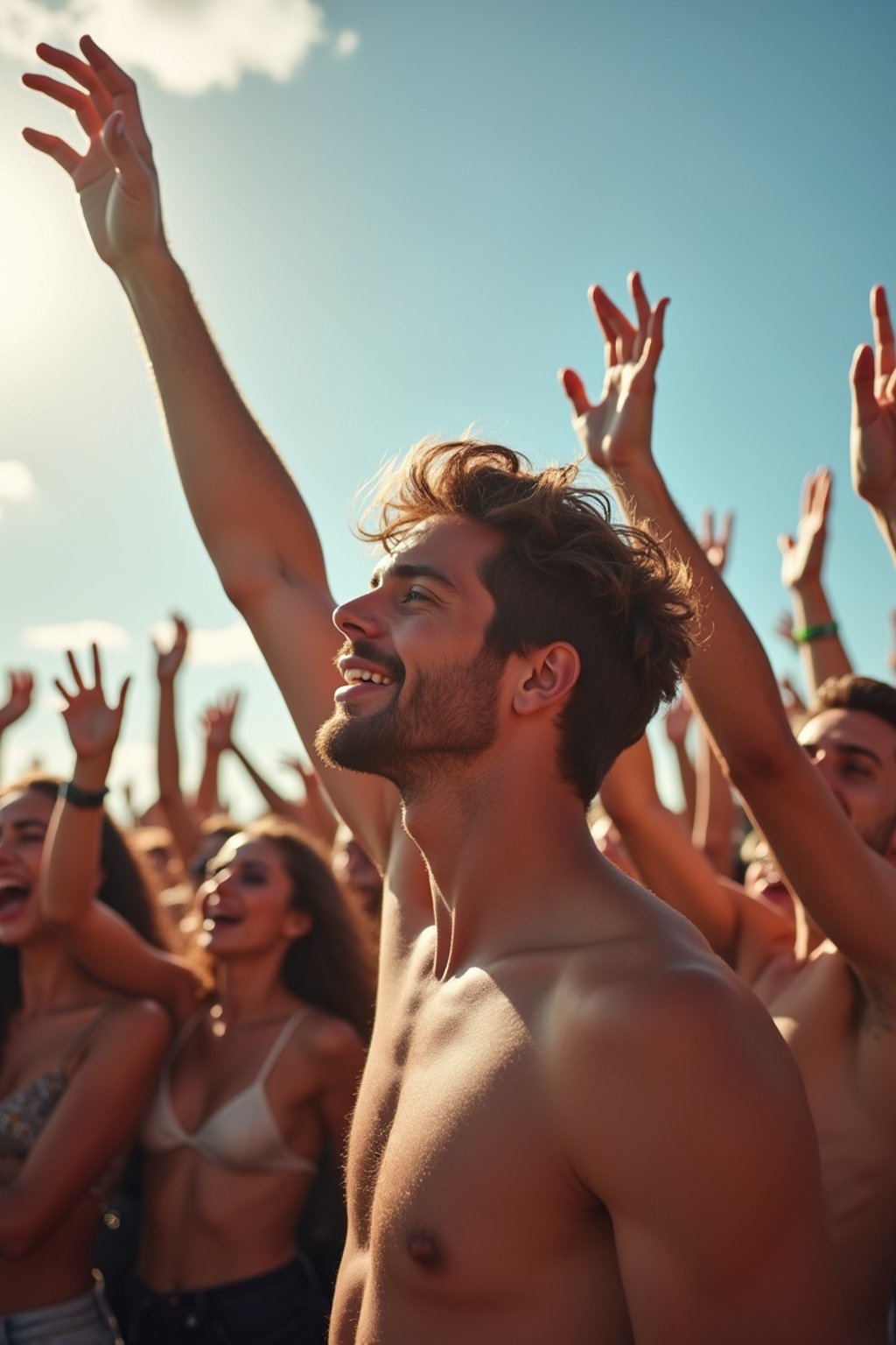 a man enjoying the live music on a sunny day, surrounded by  energetic fans and raising their hands in excitement