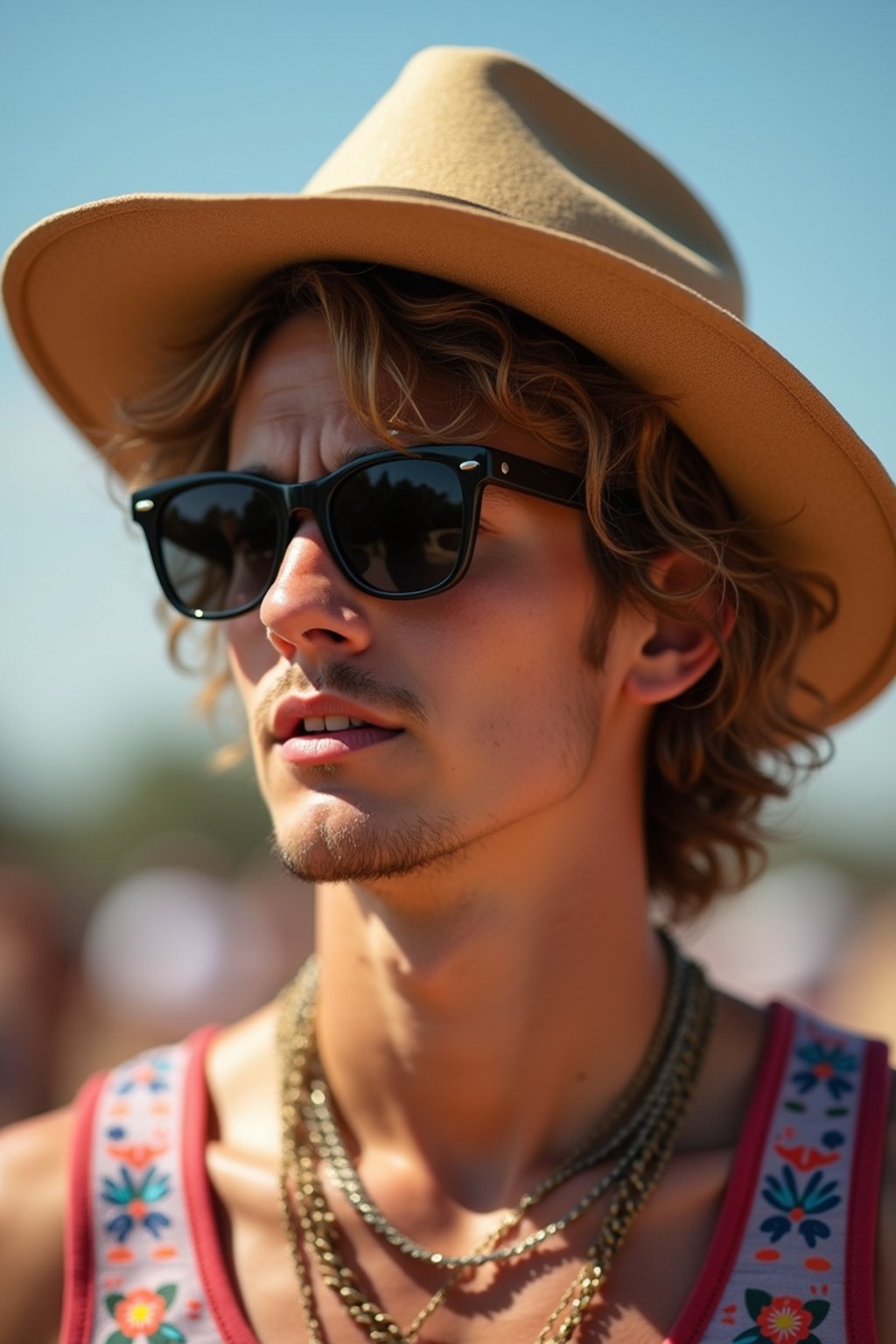 a stunning man with  a stylish hat and sunglasses, capturing the essence of festival fashion and individuality