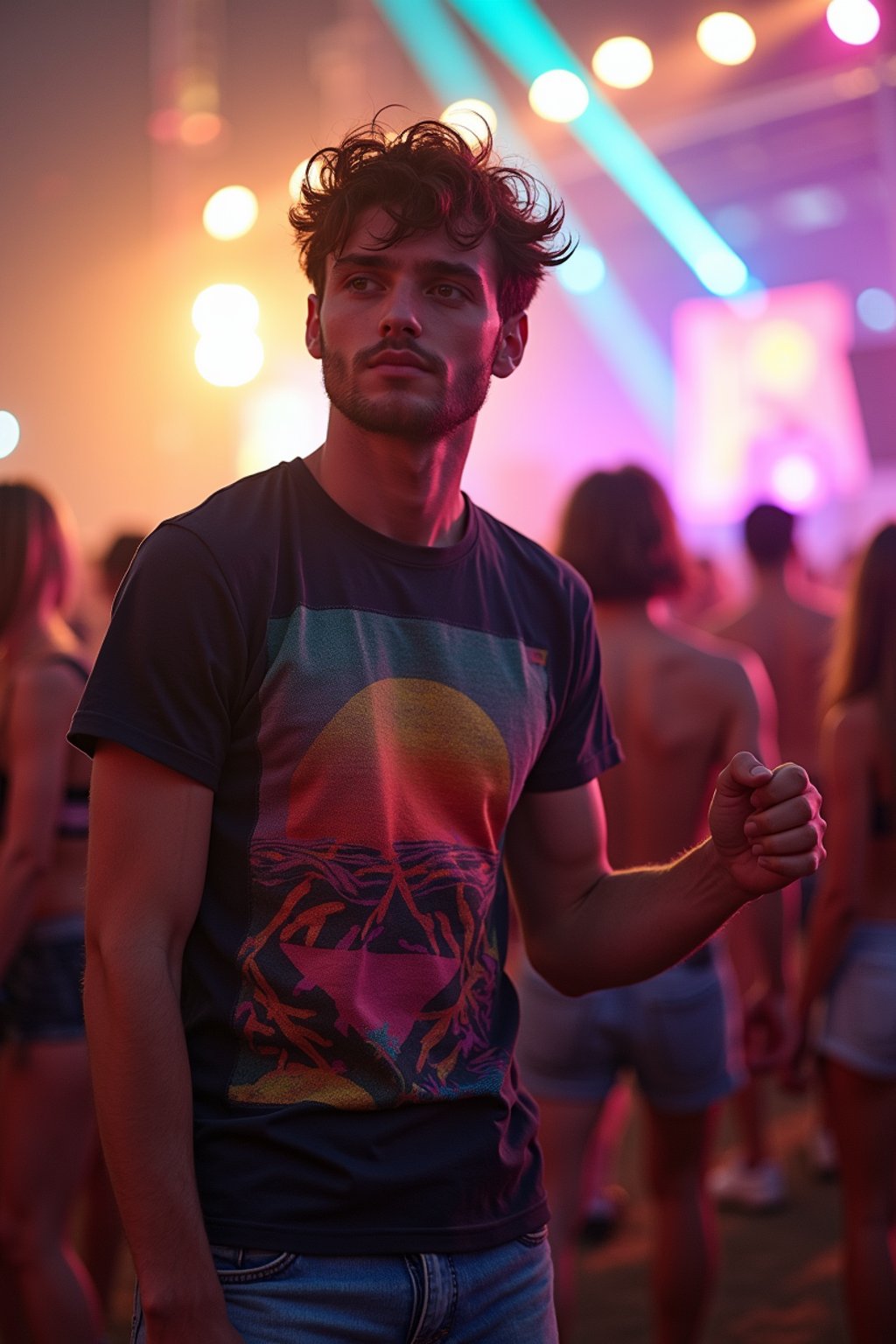 a stunning man as a festival-goer, dancing and enjoying the music in a vibrant crowd, wearing  a colorful graphic t-shirt and denim shorts