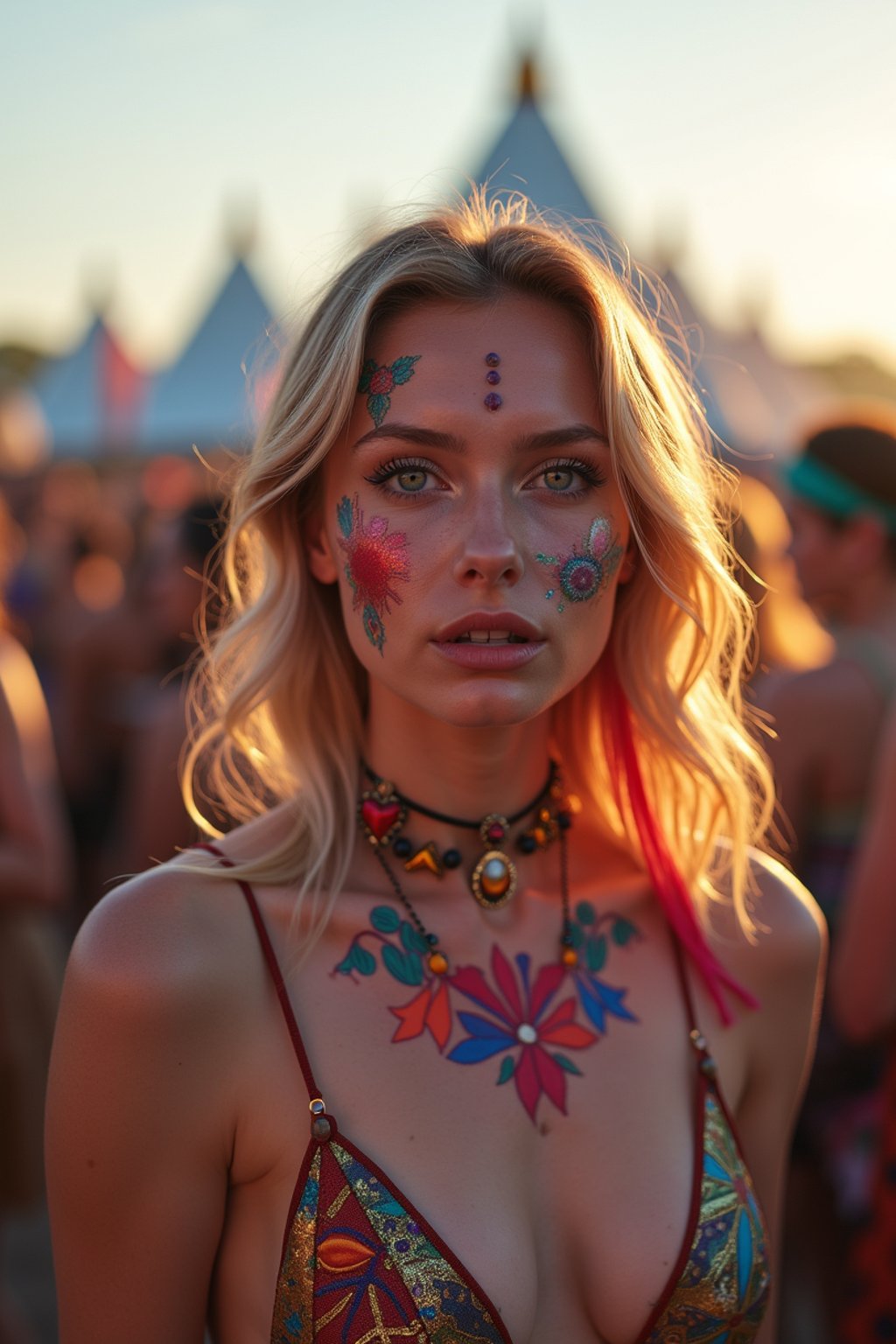 a woman with colorful festival makeup , standing out in the crowd and embracing the festival's vibrant atmosphere