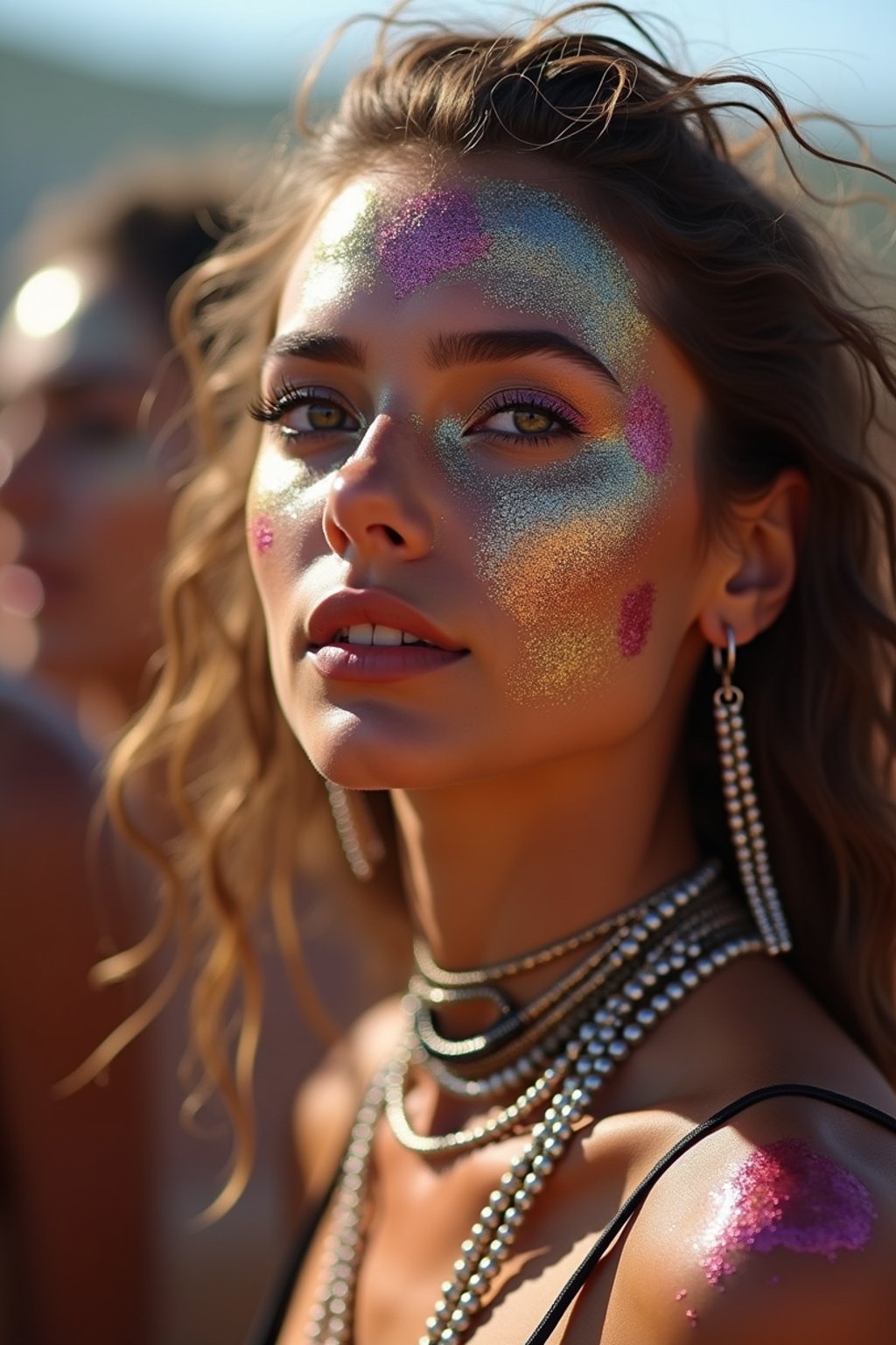 a woman with glittery makeup and body paint , capturing the artistic and expressive side of the music festival experience