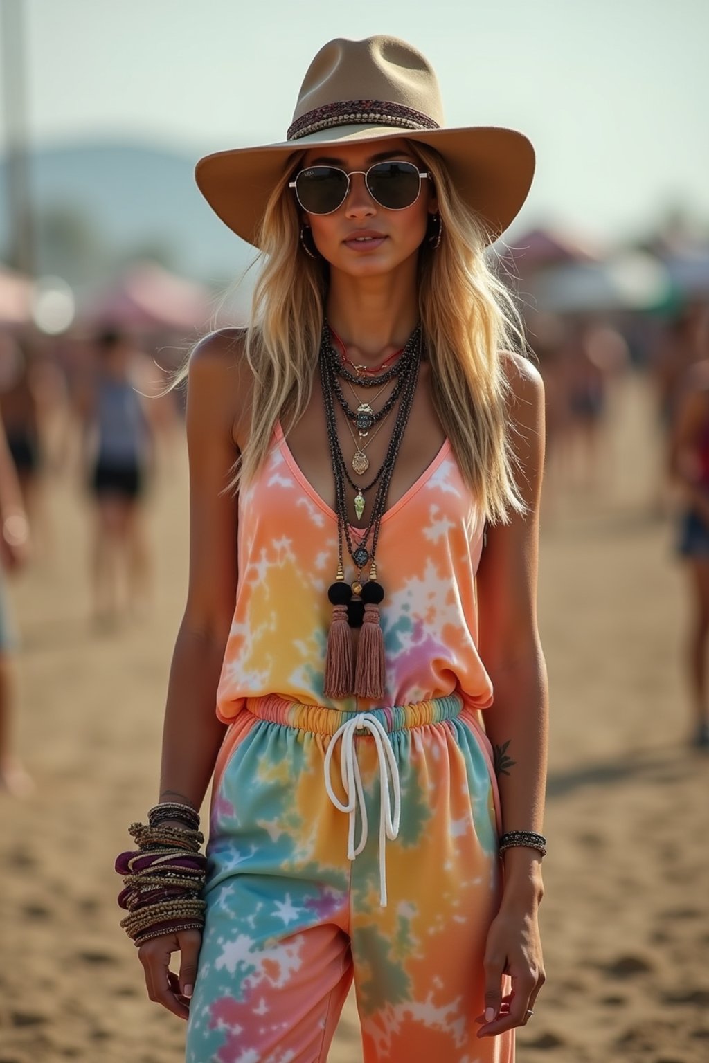 a stunning woman in a tie-dye jumpsuit and statement accessories , capturing their eclectic and fashionable festival look