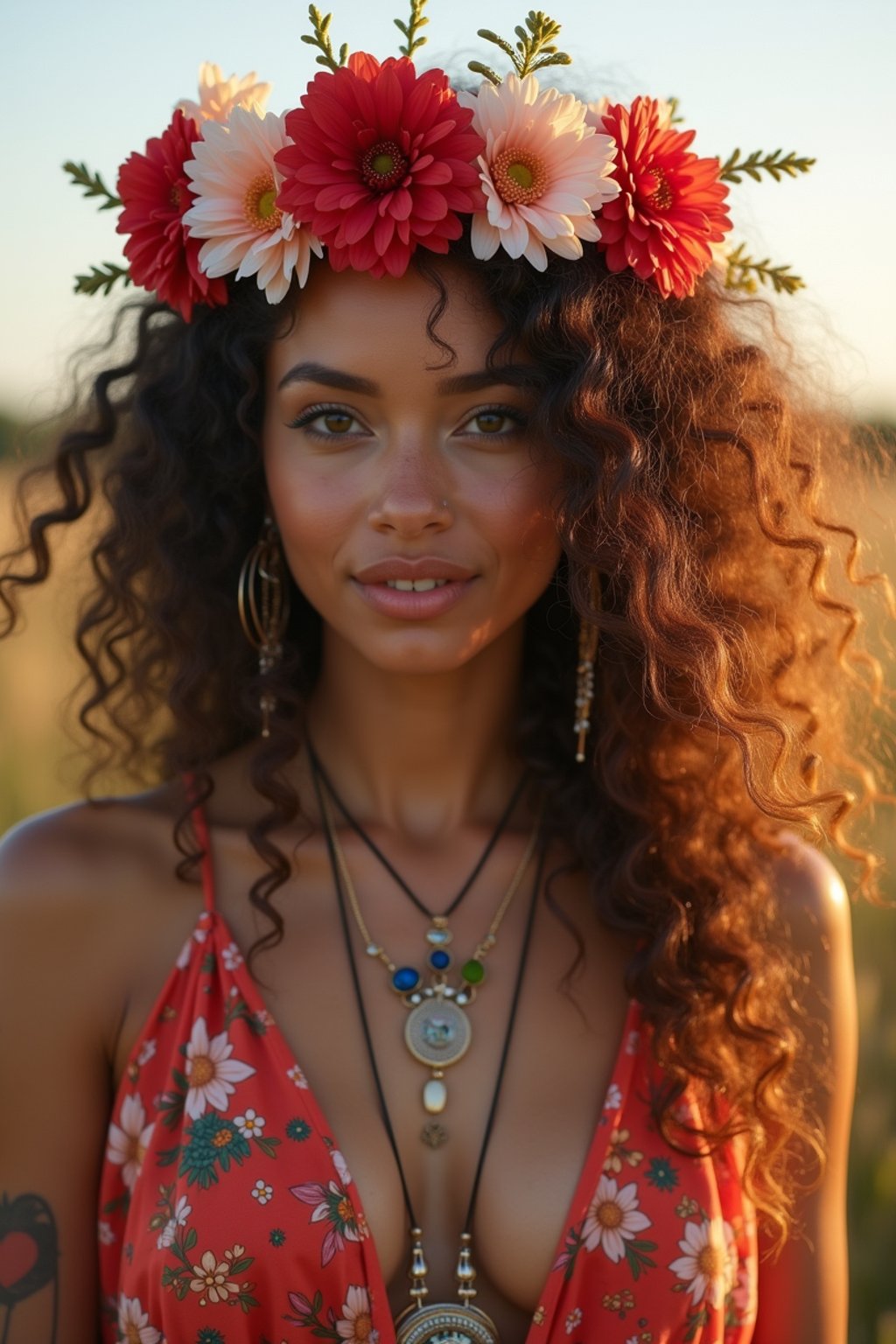 a stunning woman with flowing curly hair and flower accessories , capturing the essence of festival fashion and individuality