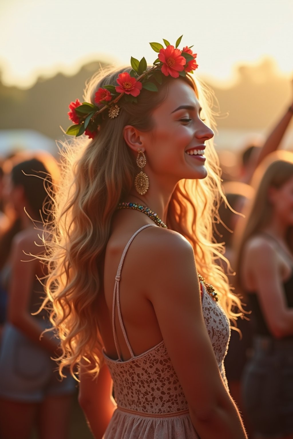 a stunning woman as a festival-goer, dancing and enjoying the music in a vibrant crowd, wearing a boho chic dress and flower crown