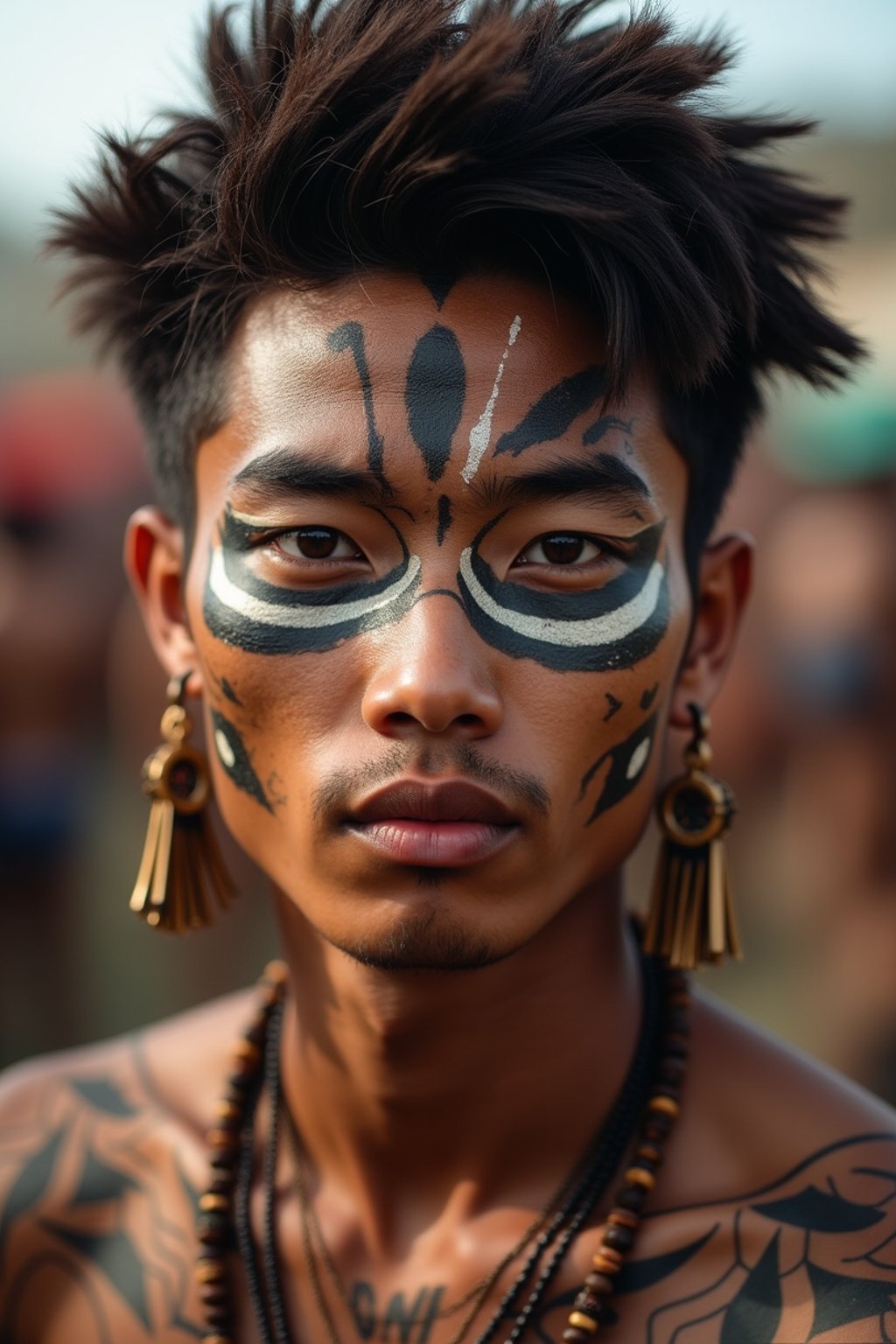 a man with  a tribal face paint design, adding an element of tribal and cultural inspiration to their festival look