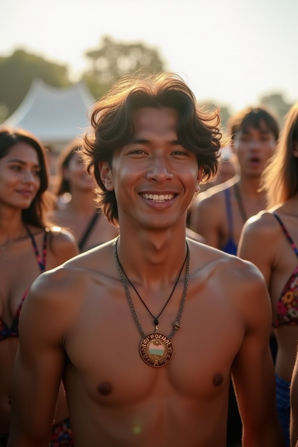 a stunning man surrounded by  a crowd of fellow festival-goers, capturing the sense of community and celebration at the festival