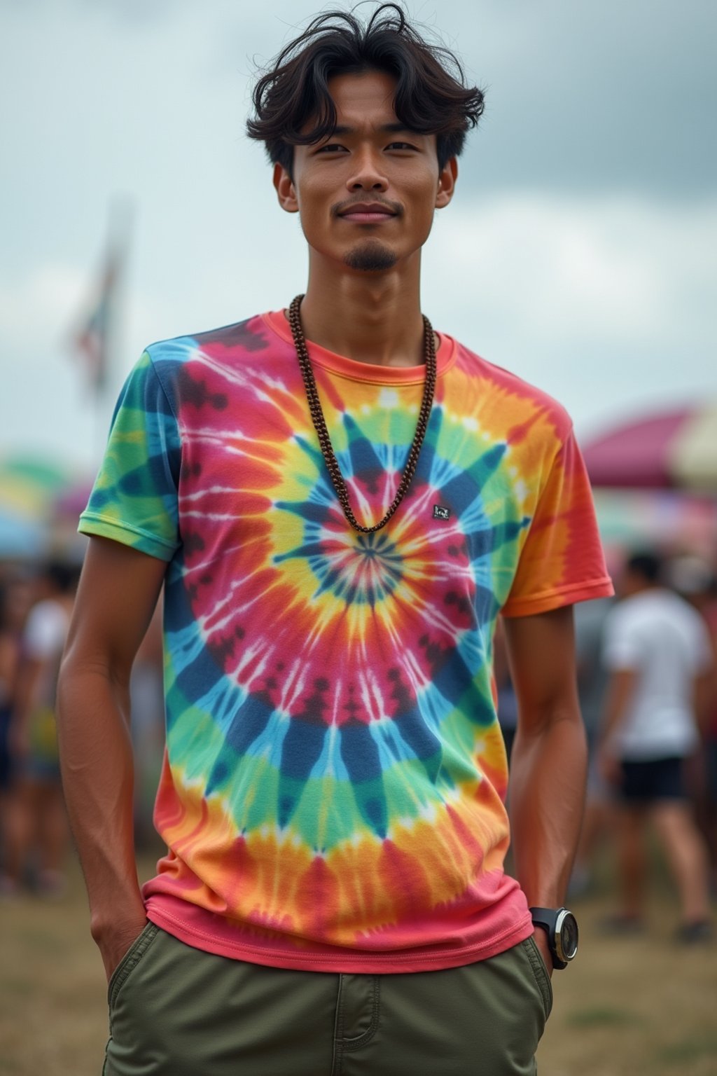 a man in  a tie-dye t-shirt and cargo shorts, embodying the DIY and personalization culture of music festivals