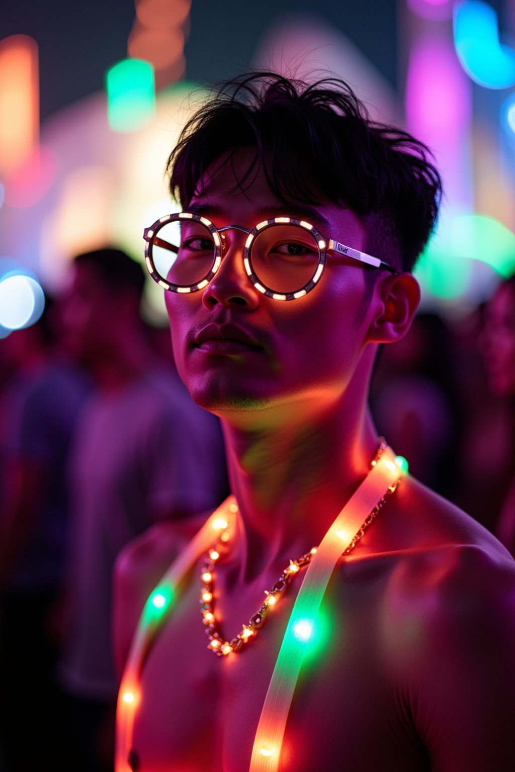 a man with  glowing LED accessories, standing out in the crowd and embracing the festival's vibrant atmosphere