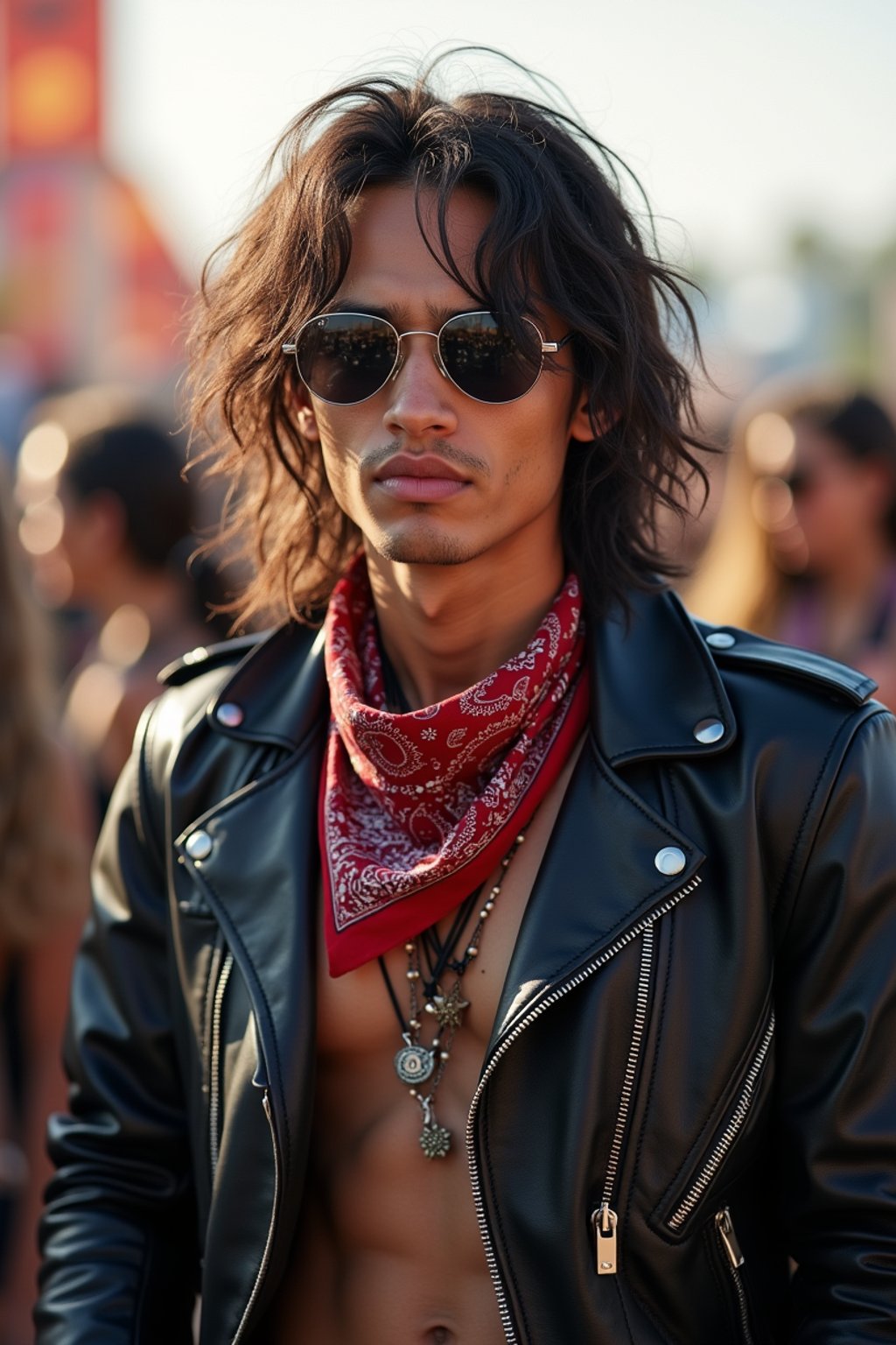 a stunning man in  a leather jacket and bandana, embodying the fusion of bohemian and rock n roll styles at the festival