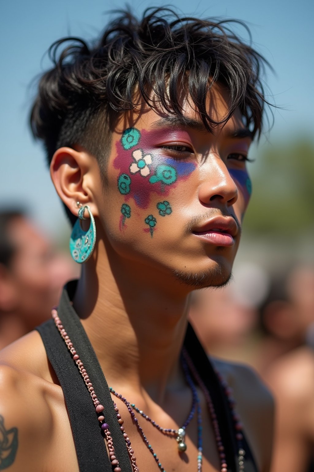 a man with  bold face and body art, capturing the artistic and expressive side of the music festival experience