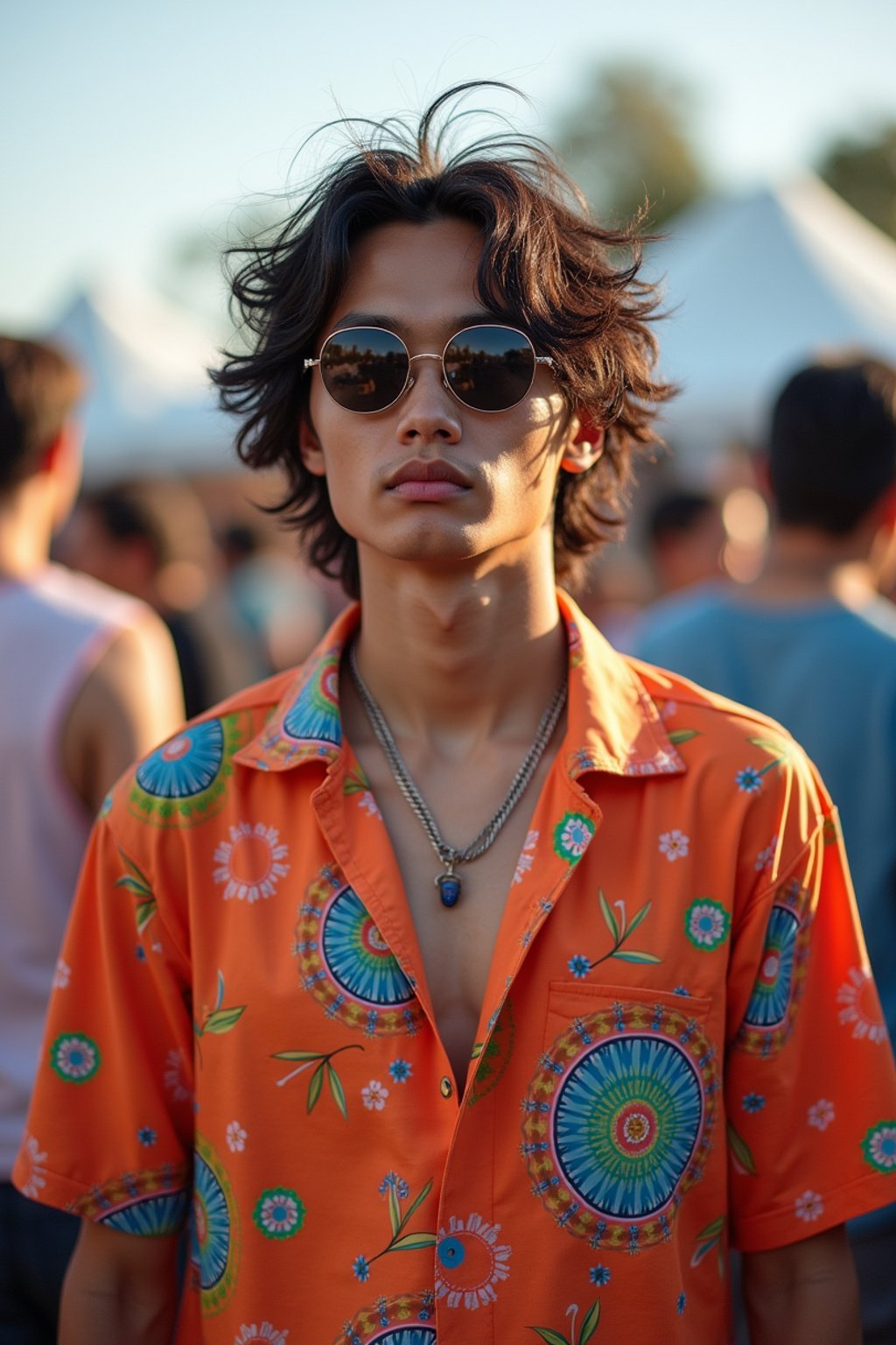 a stunning man in  a vibrant button-up shirt and funky sunglasses, capturing their eclectic and fashionable festival look