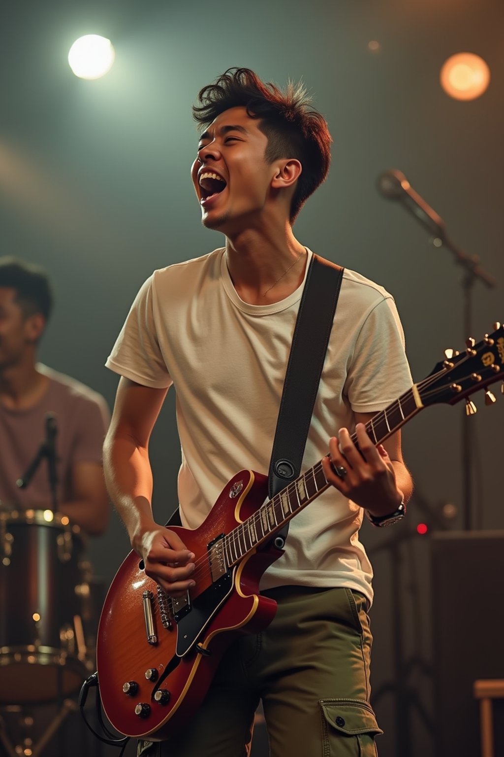 a man in  a t-shirt and cargo pants, capturing their infectious energy and enthusiasm for the music