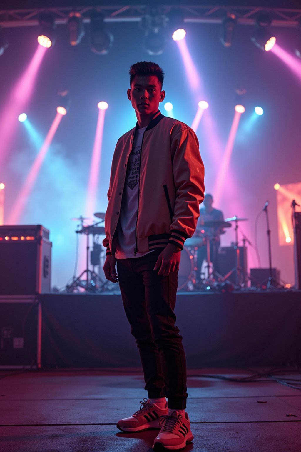 a man in  a cool bomber jacket and sneakers, striking a pose in front of a stage backdrop, capturing the excitement of a music festival