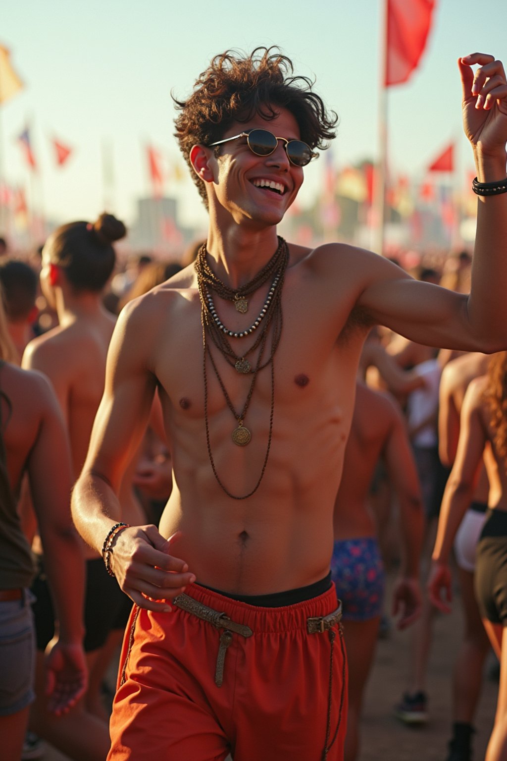 a man in a festival-inspired outfit, dancing with  a crowd of fellow festival-goers, capturing the energetic and lively atmosphere