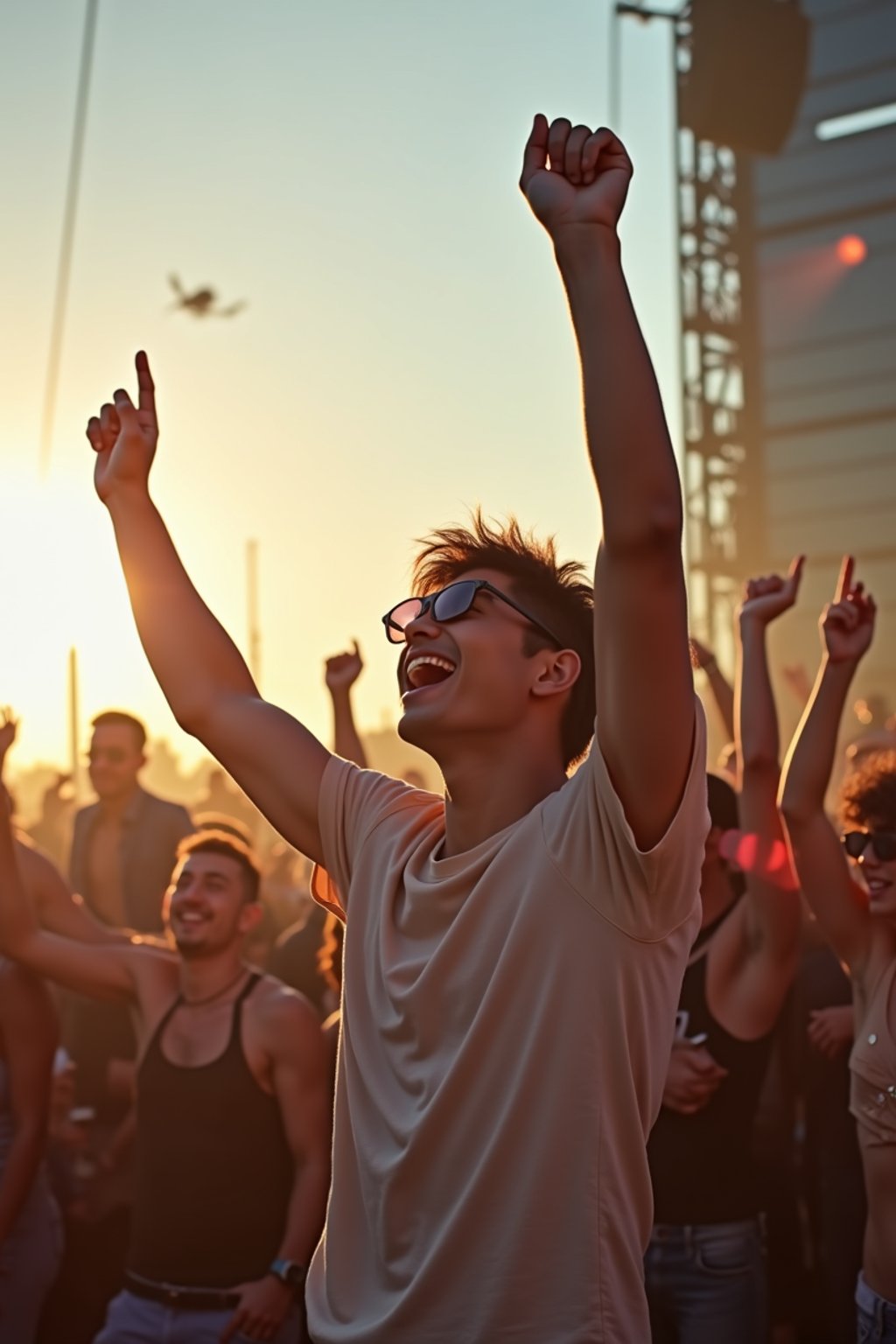 a man enjoying the live music on a sunny day, surrounded by  energetic fans and raising their hands in excitement