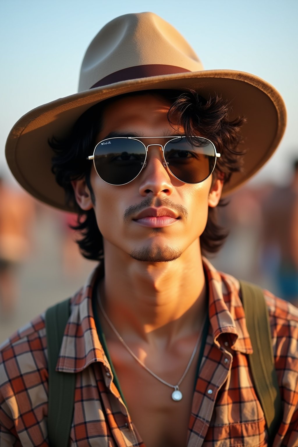 a stunning man with  a stylish hat and sunglasses, capturing the essence of festival fashion and individuality