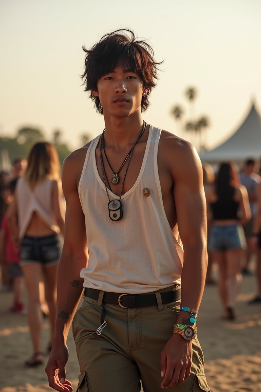 a man in  a sleeveless shirt and cargo pants, embodying the free-spirited and carefree nature of a music festival