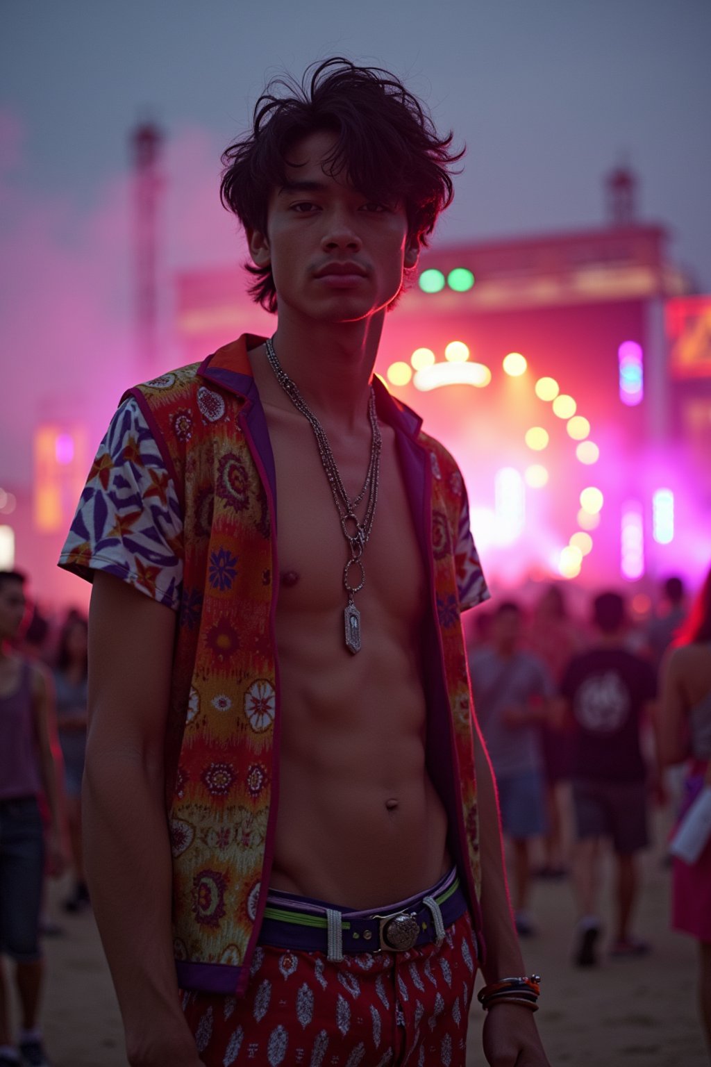 an incredibly attractive man in a festival outfit, embracing the festival vibes and posing against a backdrop of colorful stage lights and decorations