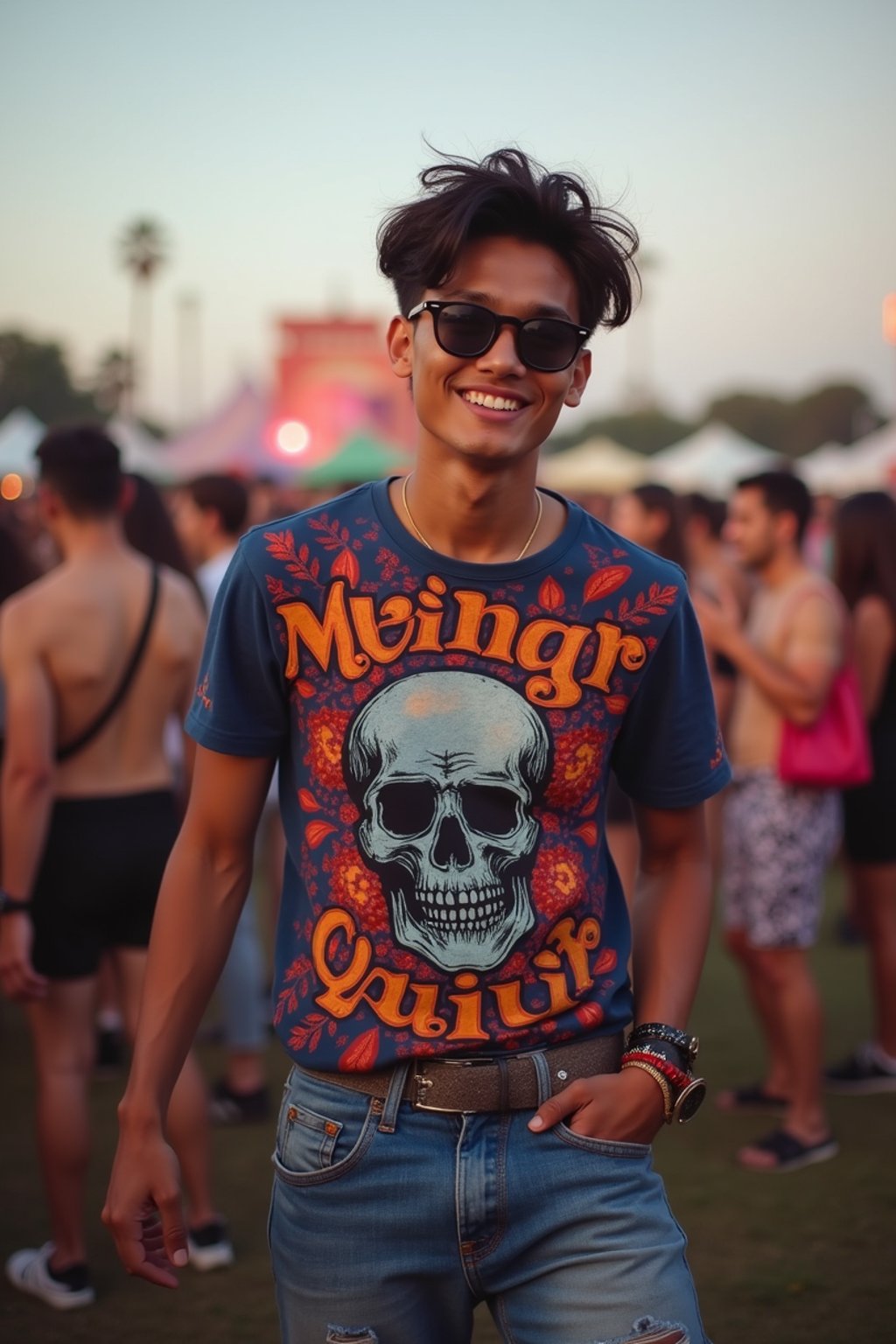 a stunning man as a festival-goer, dancing and enjoying the music in a vibrant crowd, wearing  a colorful graphic t-shirt and denim shorts