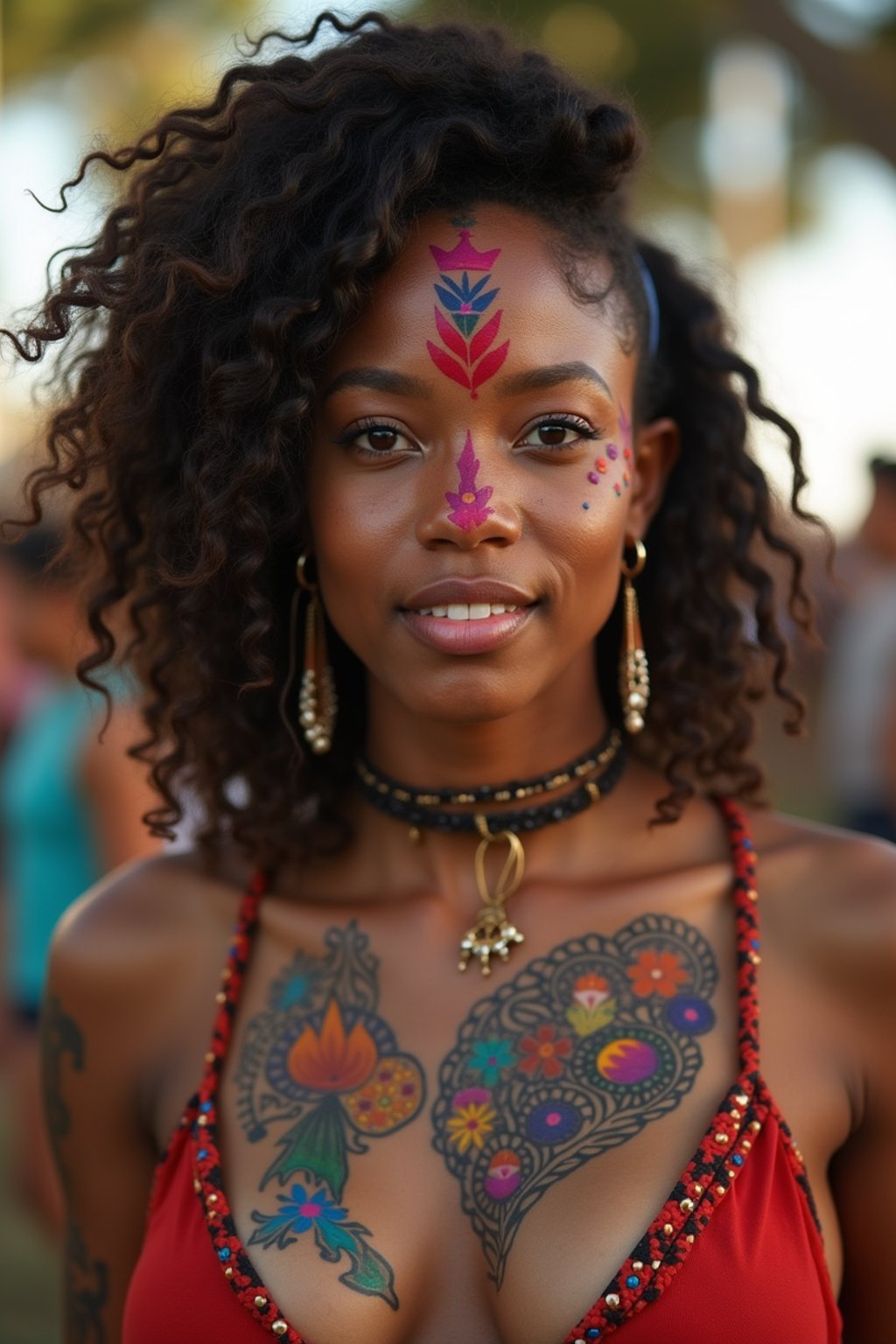 a woman with colorful temporary tattoos and henna art , adding an element of tribal and cultural inspiration to their festival look