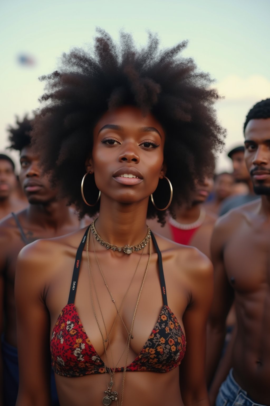 a stunning woman surrounded by a group of friends , capturing the sense of community and celebration at the festival