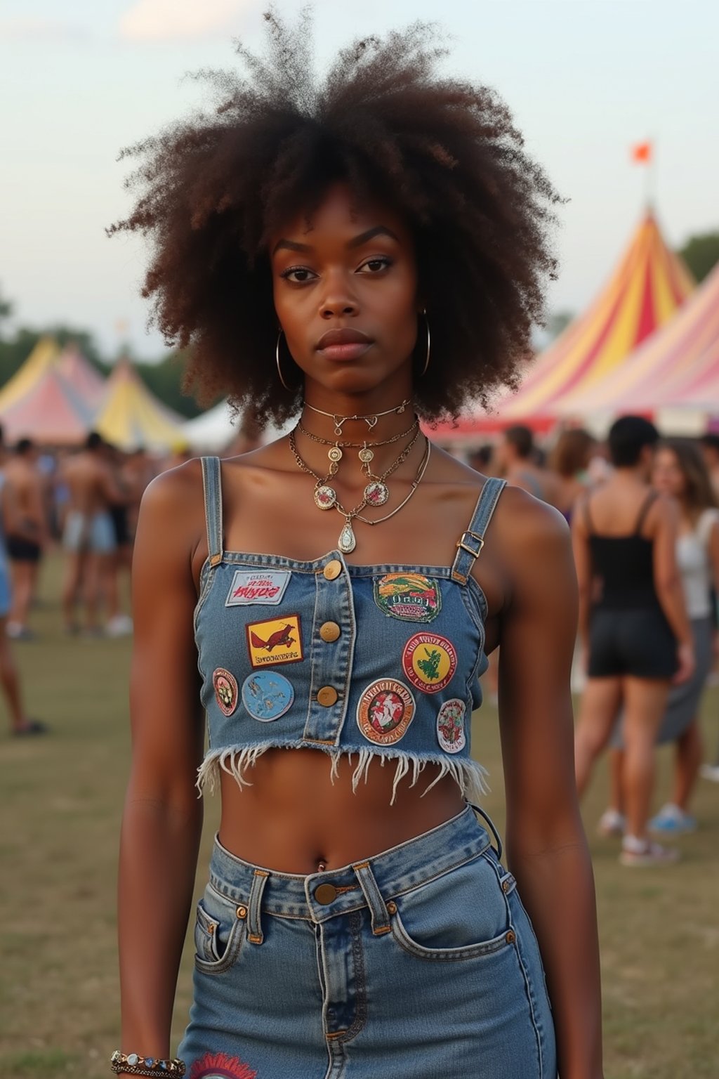 a woman in a crop top and denim skirt with festival patches , embodying the DIY and personalization culture of music festivals