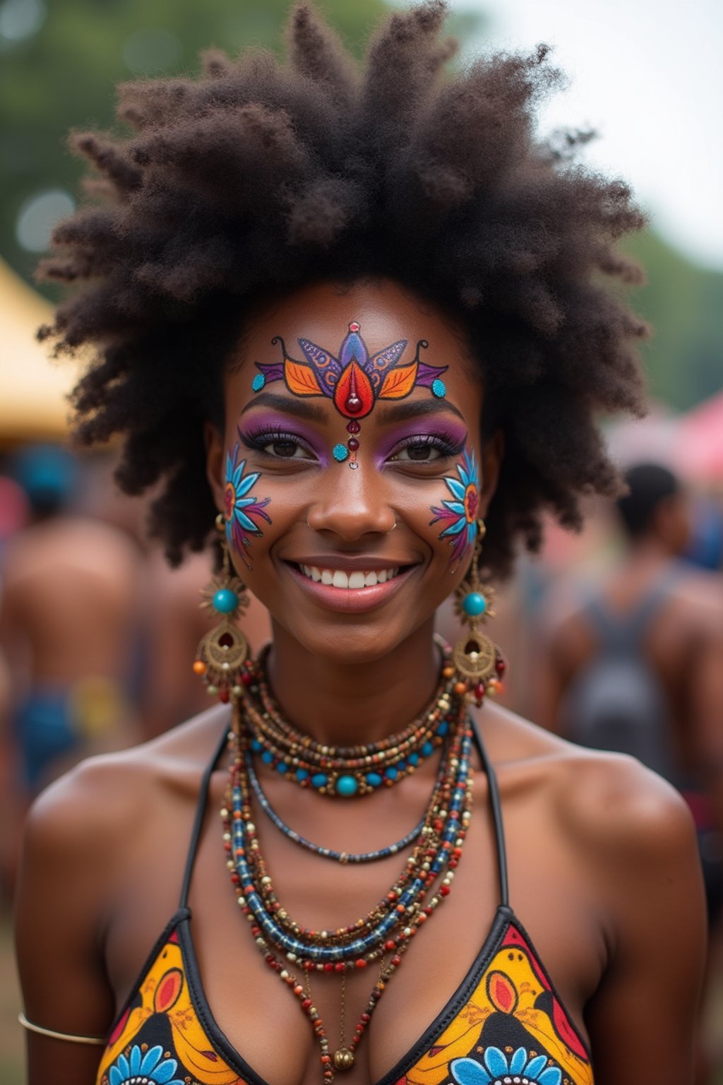 a woman with colorful festival makeup , standing out in the crowd and embracing the festival's vibrant atmosphere