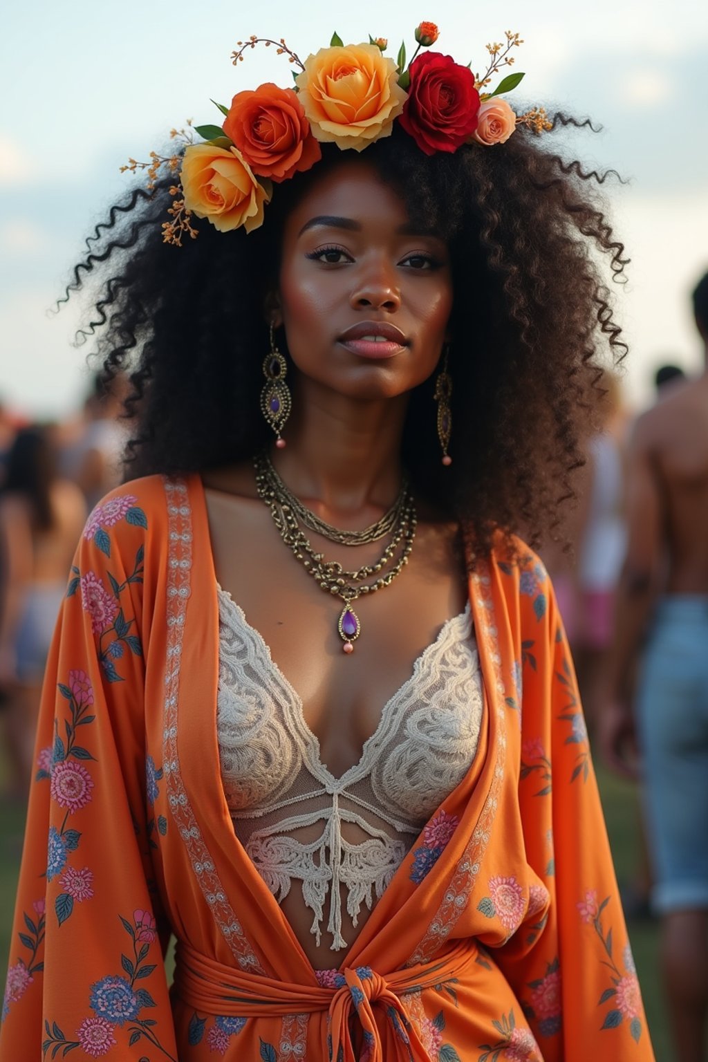 a stunning woman in a flowy kimono and flower crown , embodying the fusion of bohemian and rock n roll styles at the festival