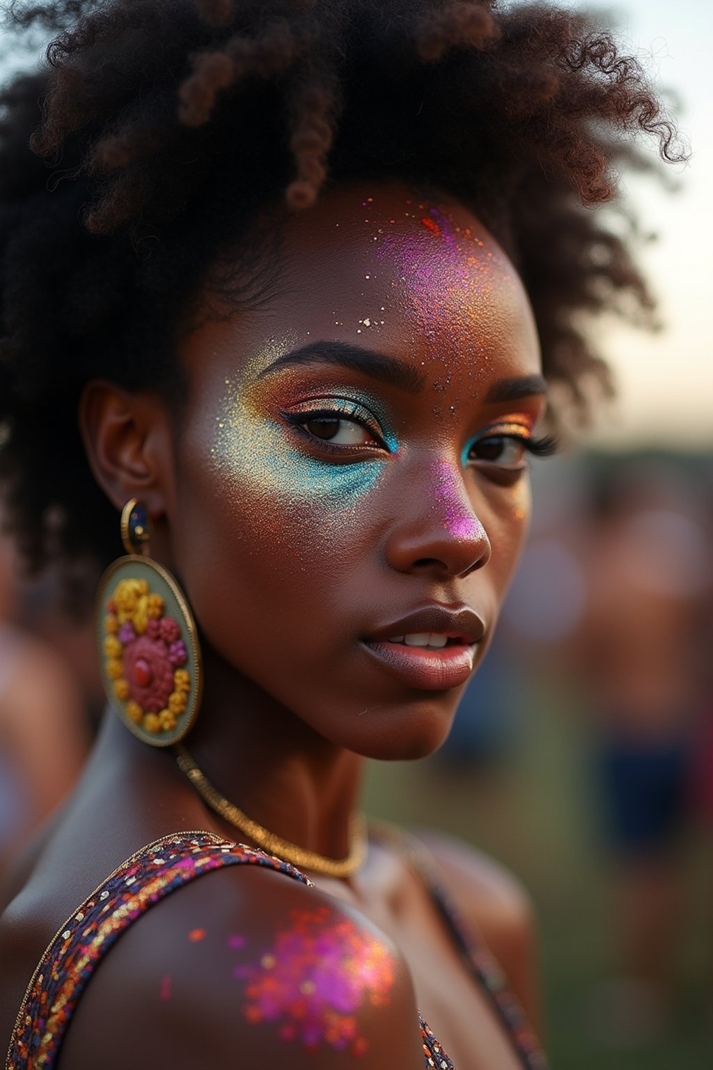 a woman with glittery makeup and body paint , capturing the artistic and expressive side of the music festival experience