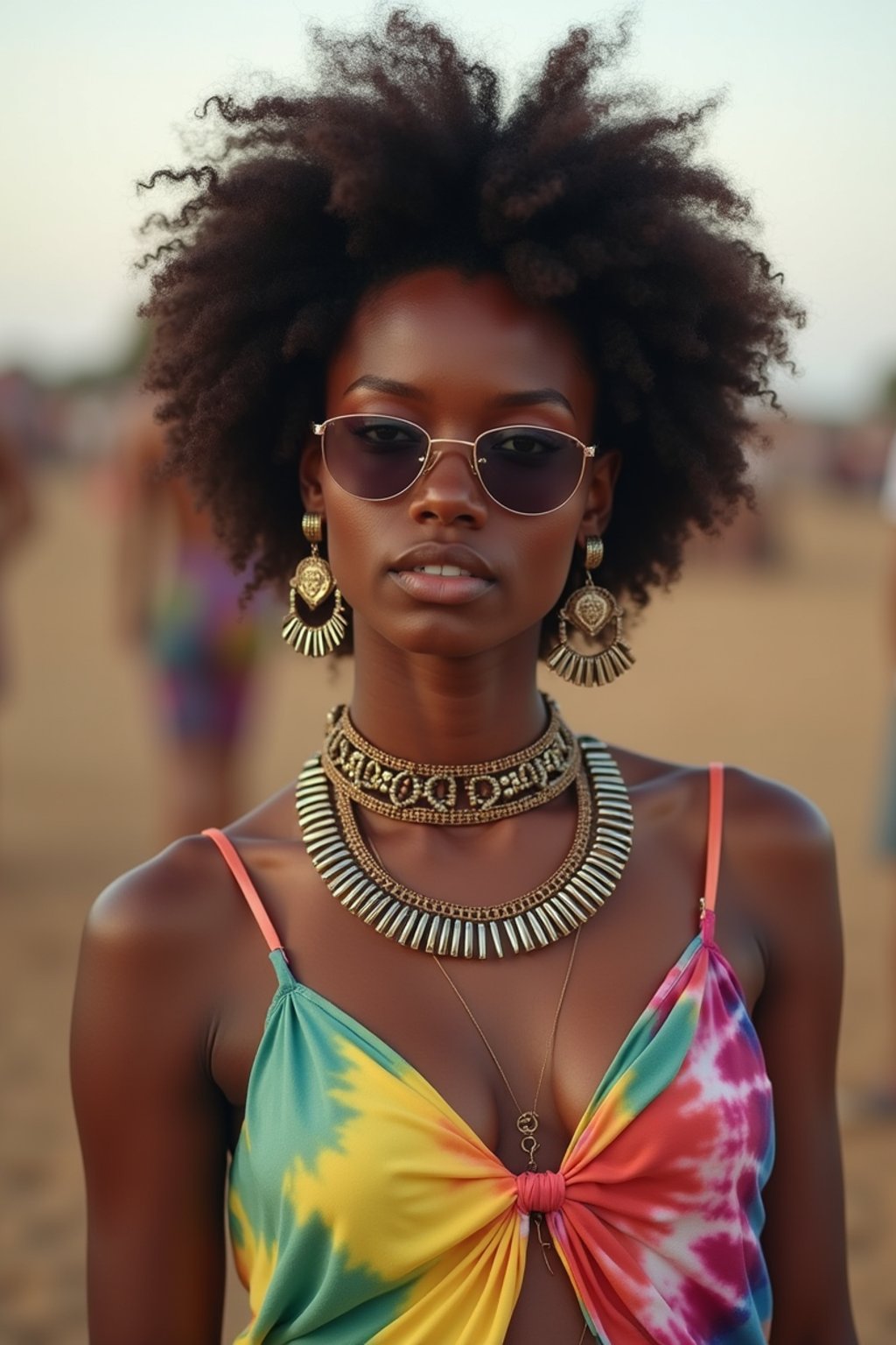 a stunning woman in a tie-dye jumpsuit and statement accessories , capturing their eclectic and fashionable festival look