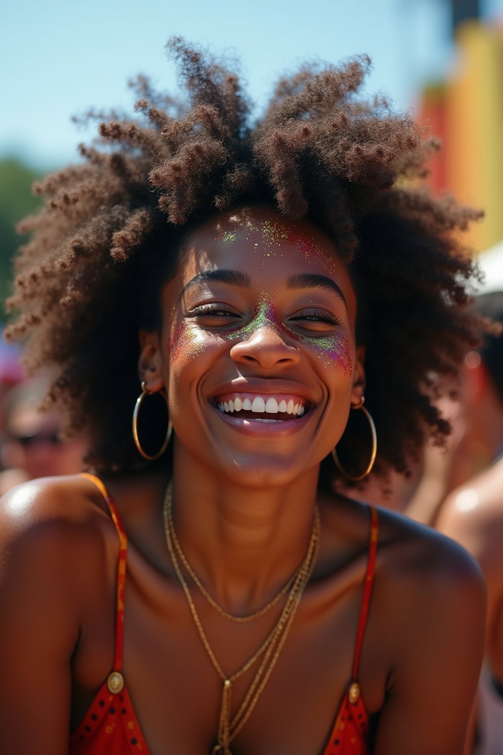 a woman enjoying a live performance on a sunny day, with glitter on their face , radiating the joy and excitement of the festival