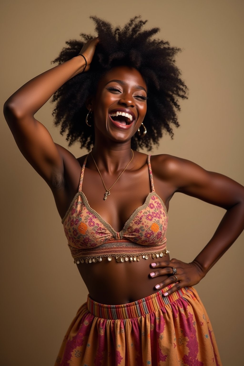 a woman in a flowy bohemian skirt and crop top , capturing their infectious energy and enthusiasm for the music