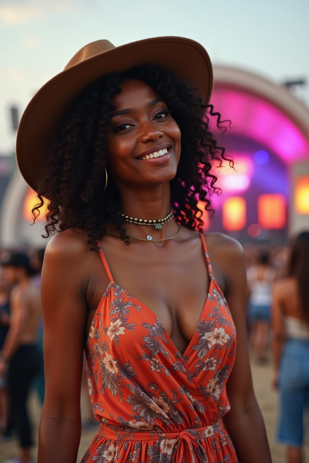 a woman in a bohemian jumpsuit and a wide-brimmed hat , striking a pose in front of a stage backdrop, capturing the excitement of a music festival