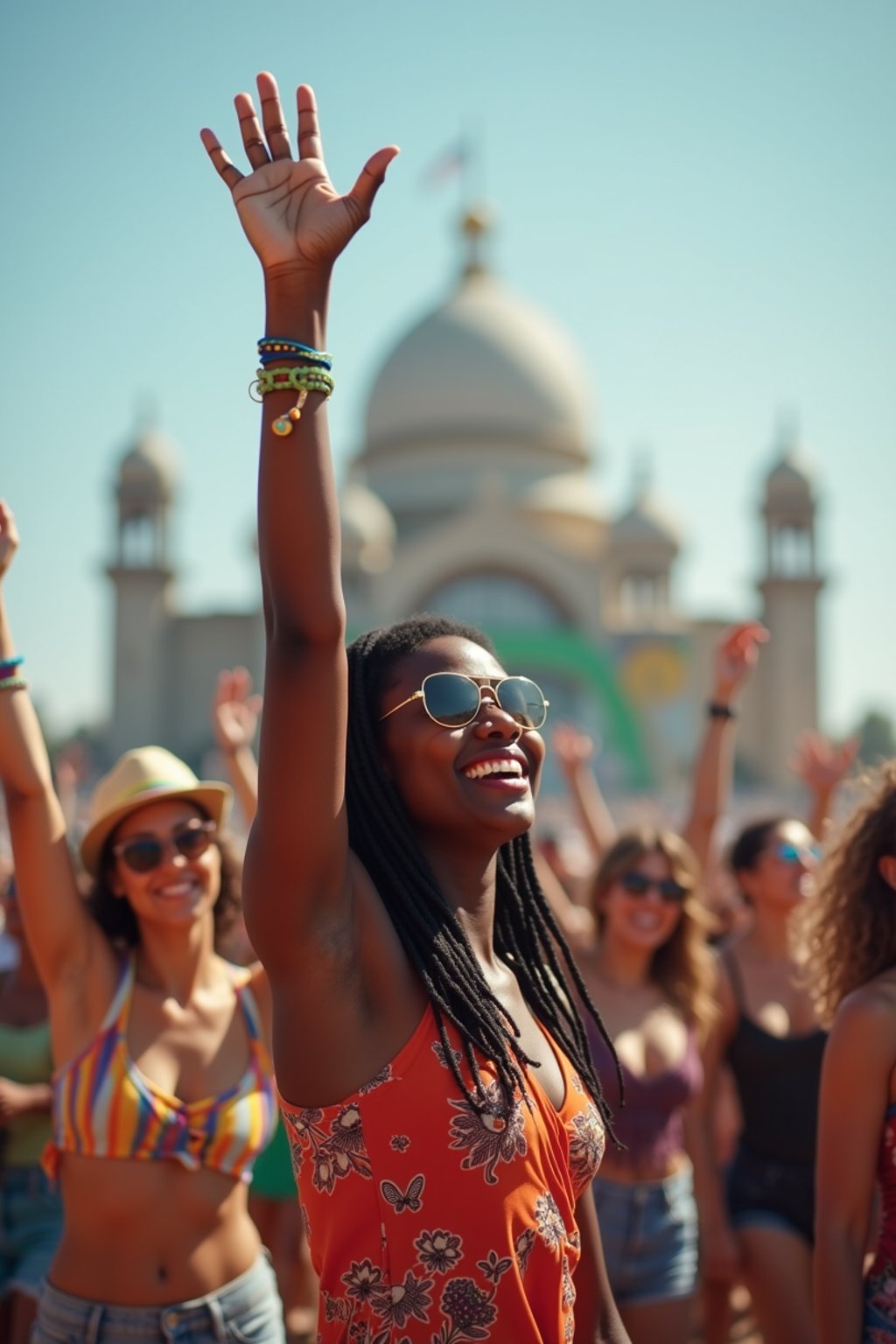 a woman enjoying the live music on a sunny day, surrounded by colorful festival-goers  and raising their hands in excitement