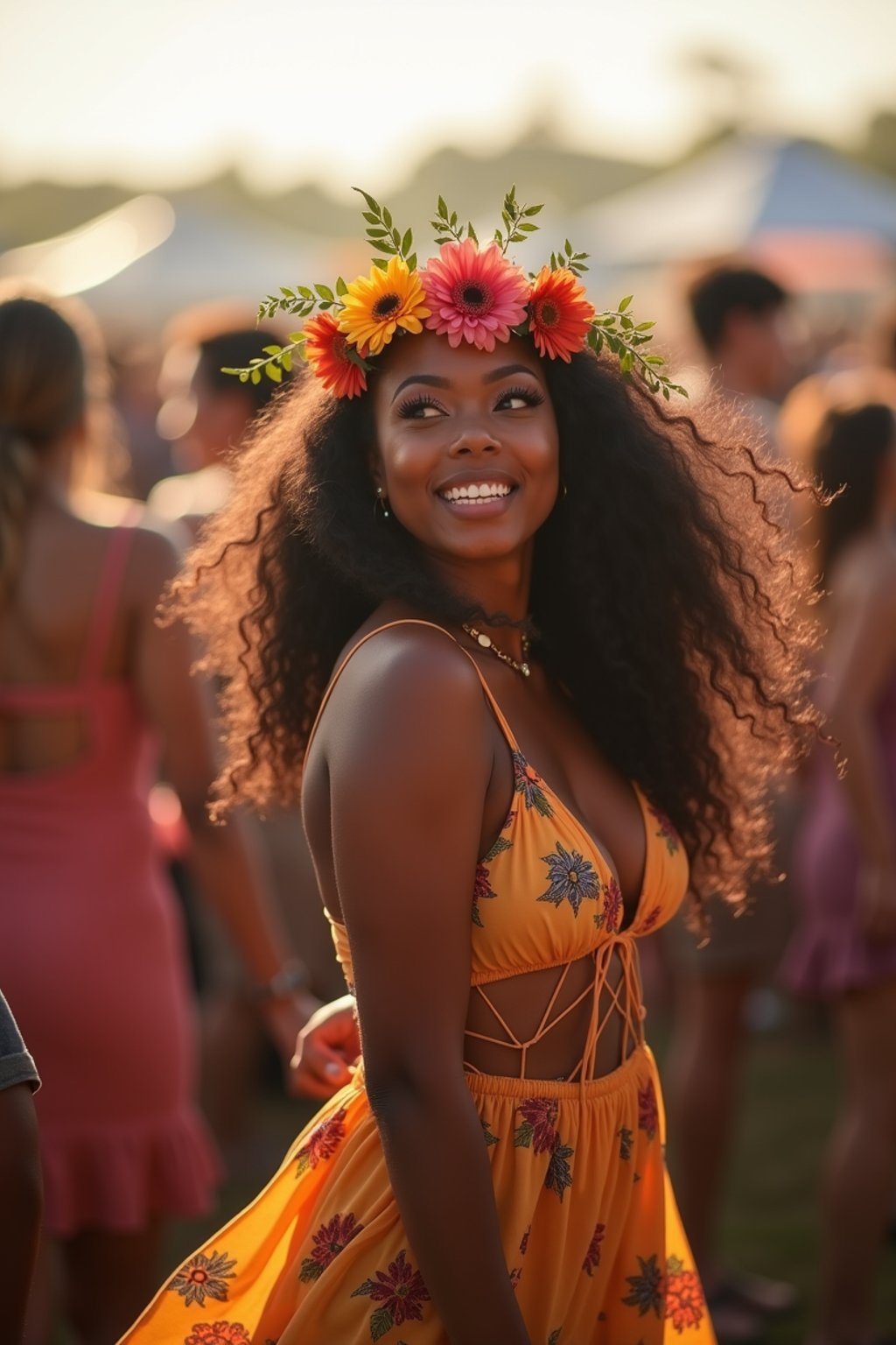 a stunning woman as a festival-goer, dancing and enjoying the music in a vibrant crowd, wearing a boho chic dress and flower crown