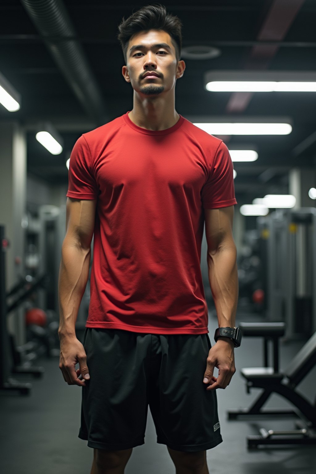 masculine  man in the gym wearing t-shirt and gym shorts