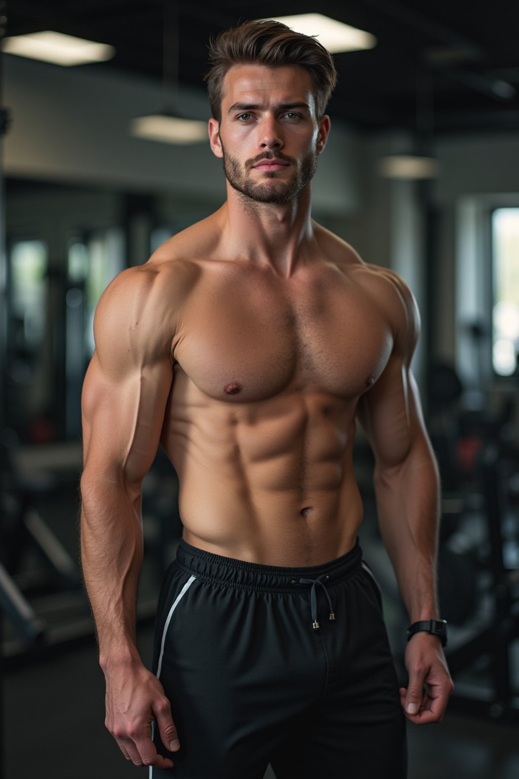 masculine  man in the gym wearing t-shirt and gym shorts