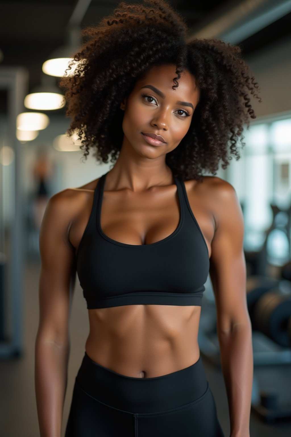 feminine woman in the gym wearing  sports bra and leggings